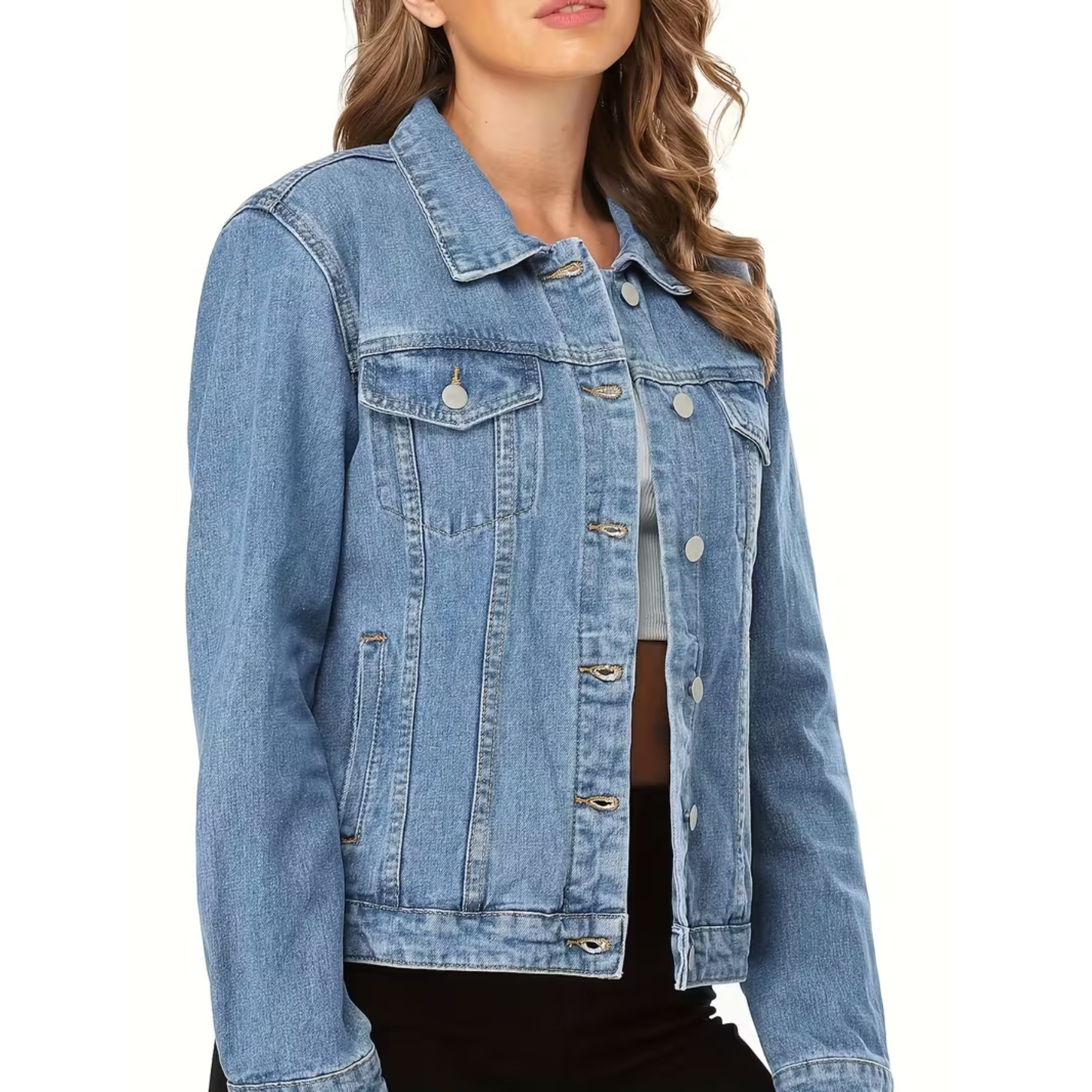Loose fit with flap pockets, long sleeves, suitable for spring/autumn wear, minimalist style denim