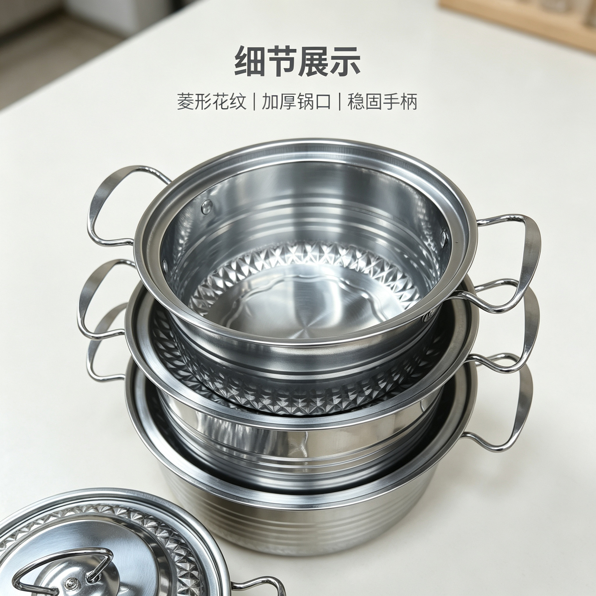 CGUCOOK Cross-border Bestseller Stainless Steel Pot Set 8-piece pot set, stainless steel kitchen pot set, home diamond wire ear soup pot Specification image