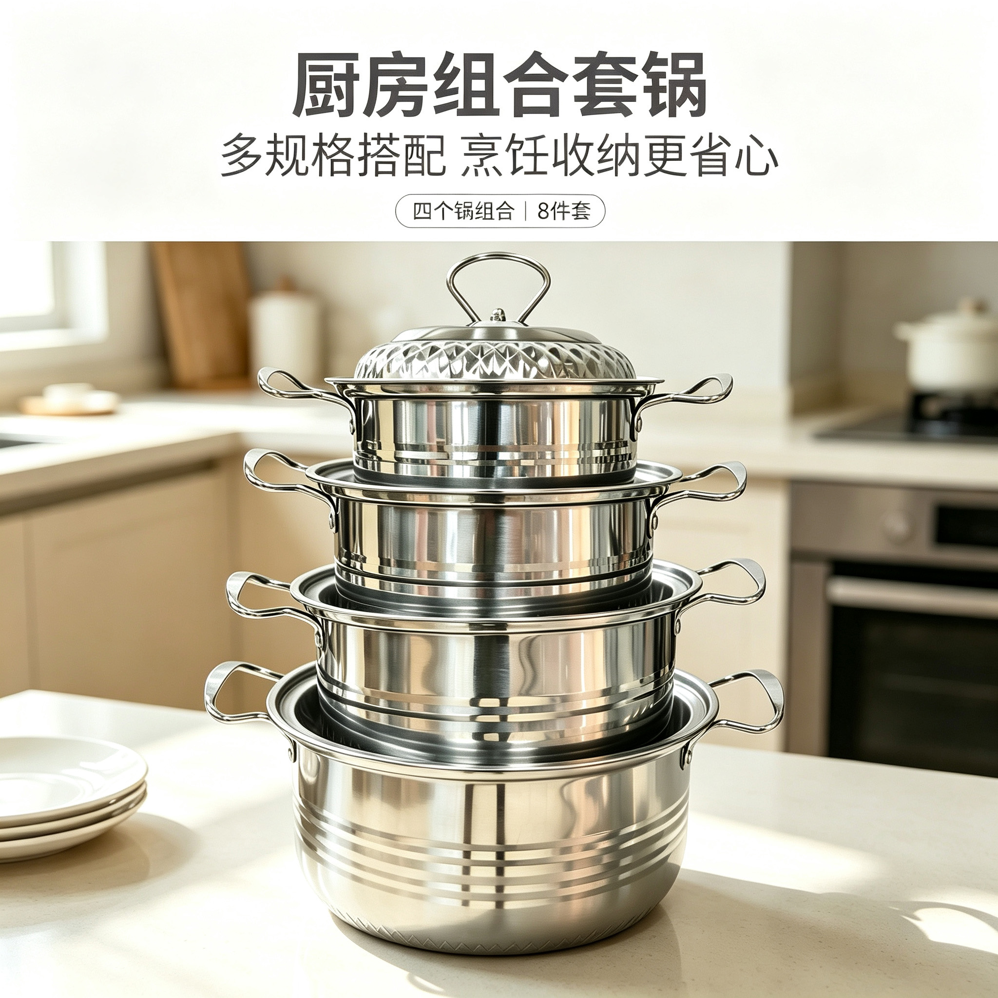 CGUCOOK Cross-border Bestseller Stainless Steel Pot Set 8-piece pot set, stainless steel kitchen pot set, home diamond wire ear soup pot details Picture