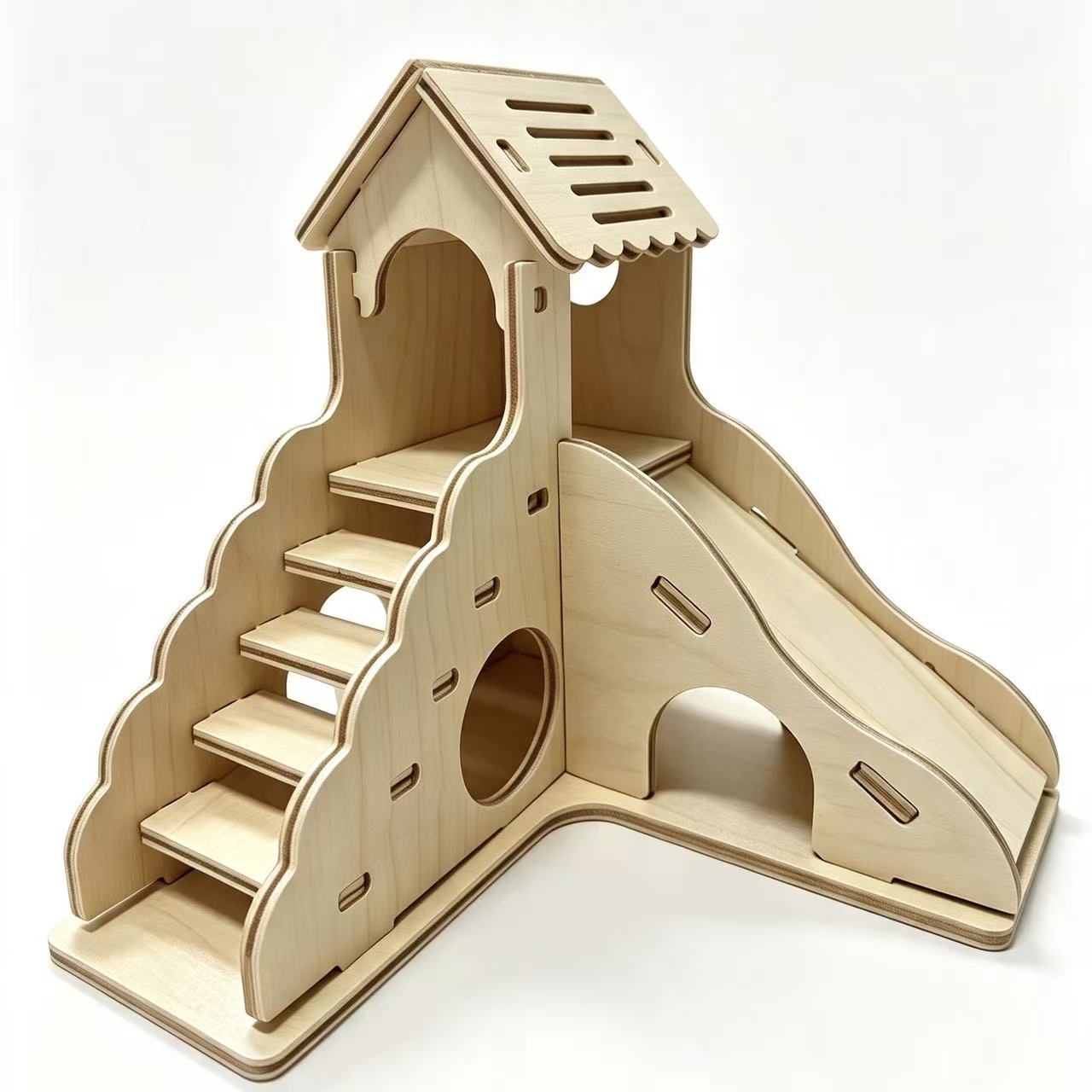 Hamster slide, loft, solid wooden house, Golden thread bear, double-layer shelter, little pet climbing slide, cage, landscaping toy Specification image