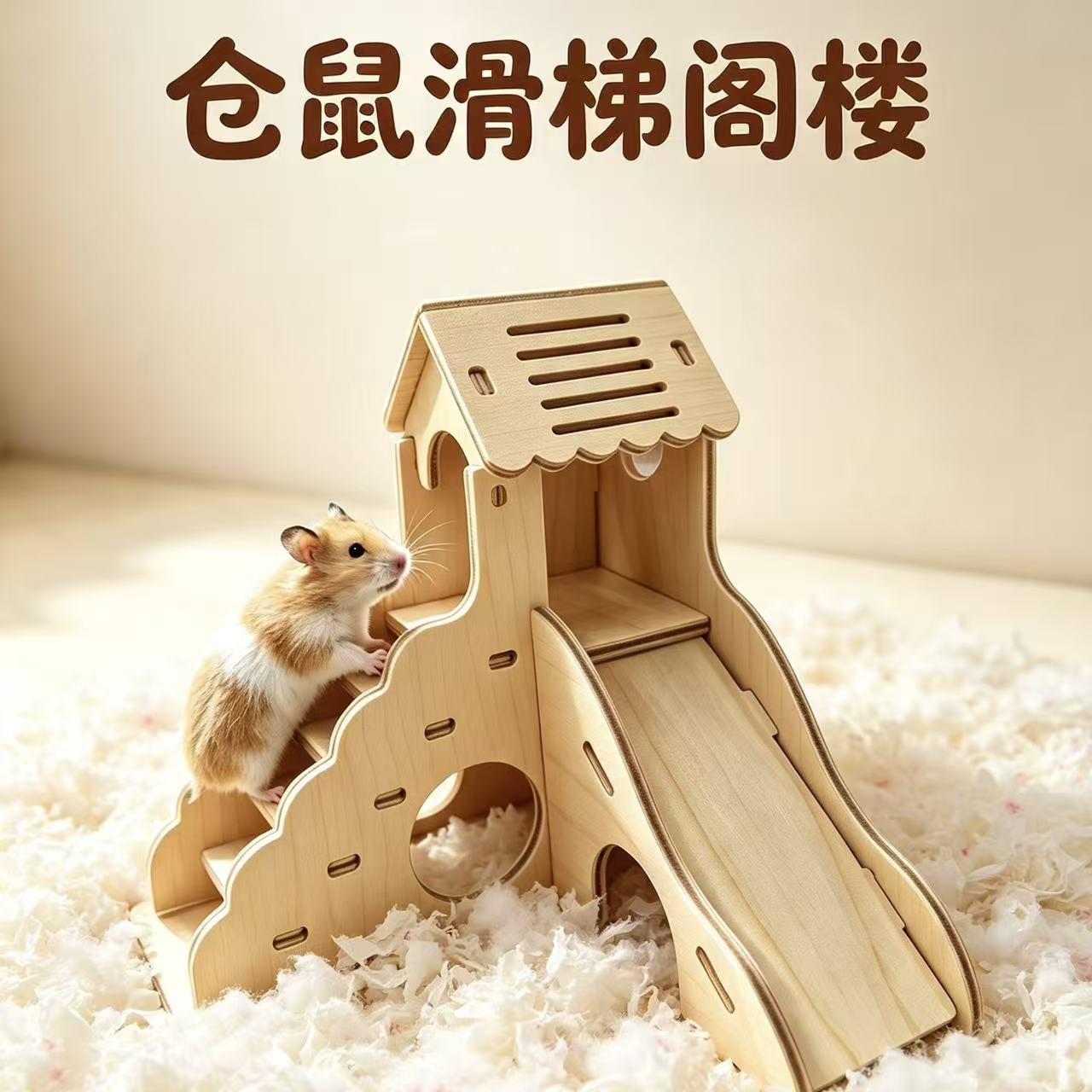 Hamster slide, loft, solid wooden house, Golden thread bear, double-layer shelter, little pet climbing slide, cage, landscaping toy Item Picture