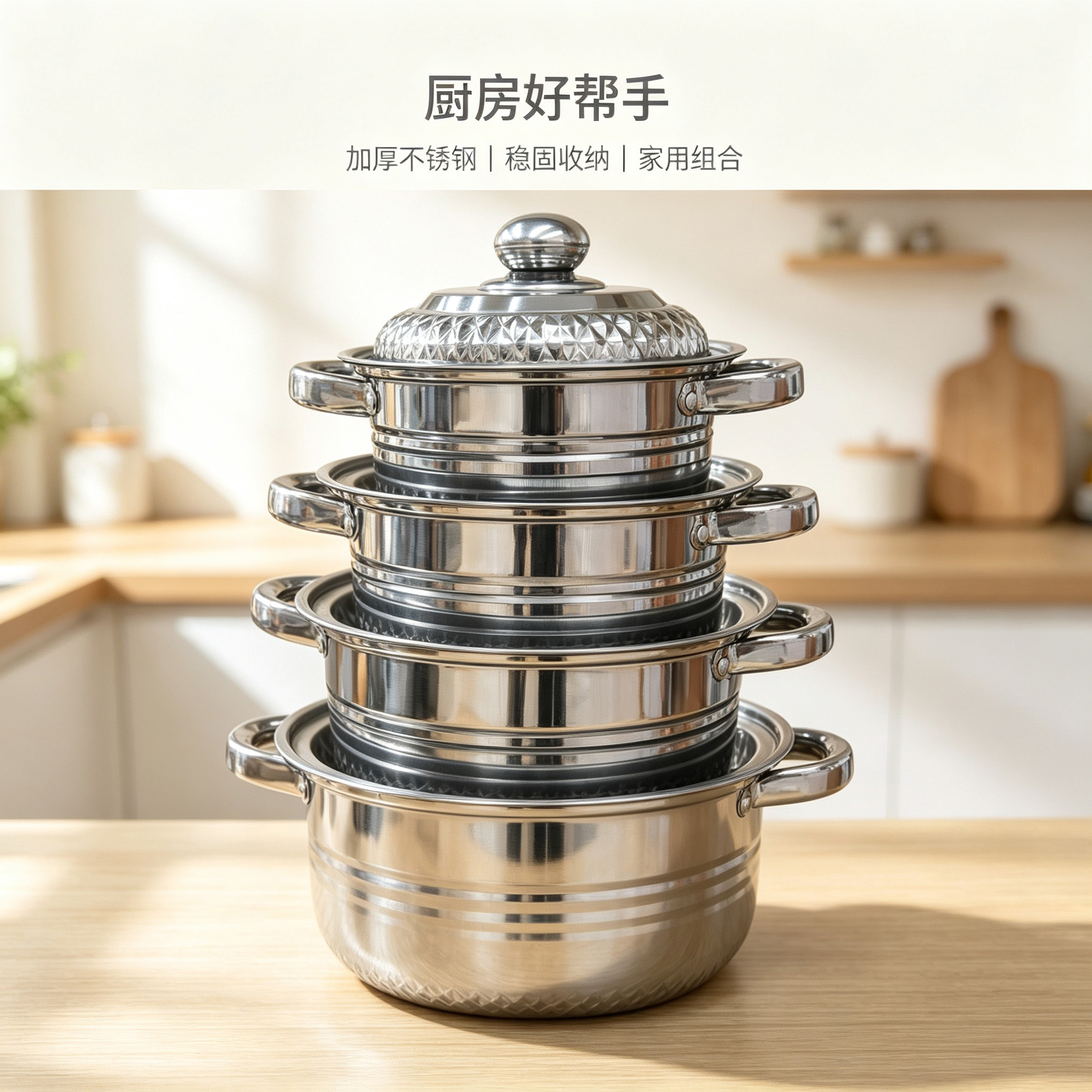 CGUCOOK Cross-border Bestseller Stainless Steel Pot Set 8-piece pot set, stainless steel kitchen pot set, home diamond tube ear soup pot details Picture