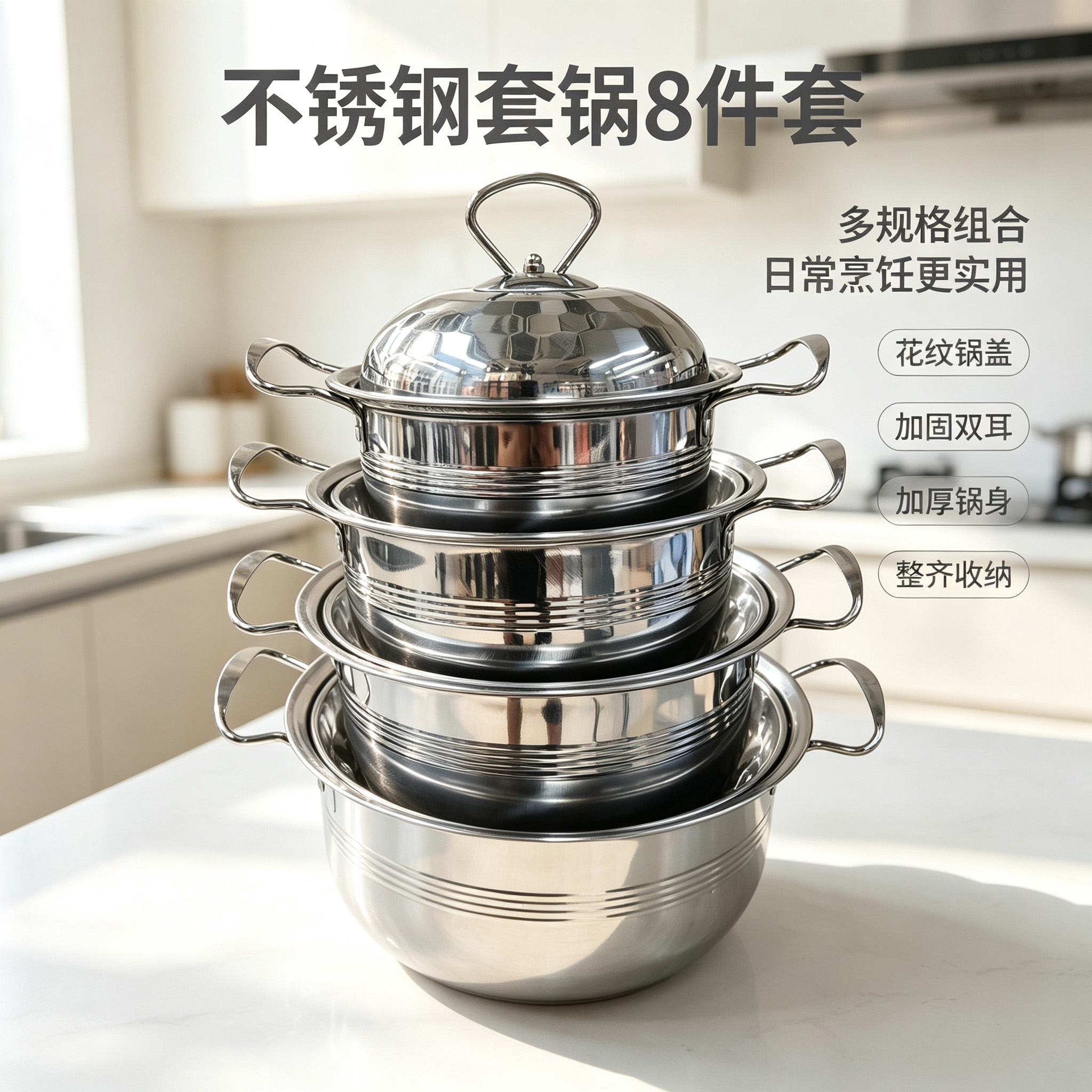 CGUCOOK不锈钢套锅8件套锅具套装不锈钢礼品厨房锅具外贸出口家用花型线耳汤锅详情1