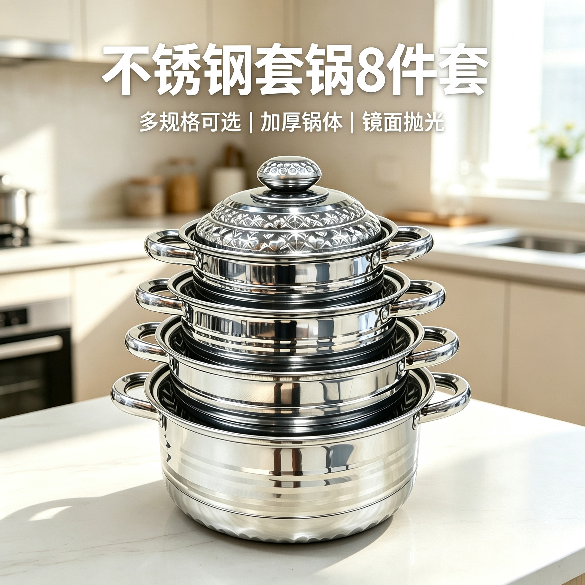 CGUCOOK不锈钢套锅8件套锅具套装不锈钢礼品厨房锅具外贸出口家用璀璨钻纹汤锅详情1