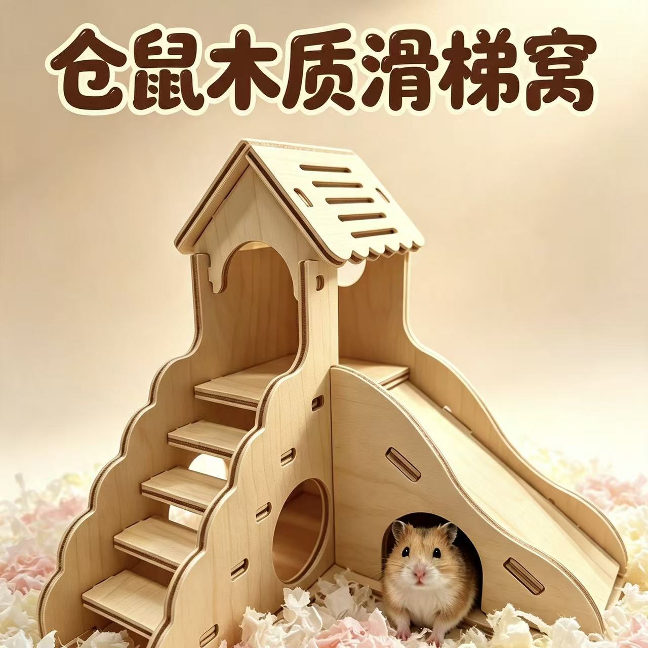 Hamster slide, loft, solid wooden house, Golden thread bear, double-layer shelter, little pet climbing slide, cage, landscaping toy