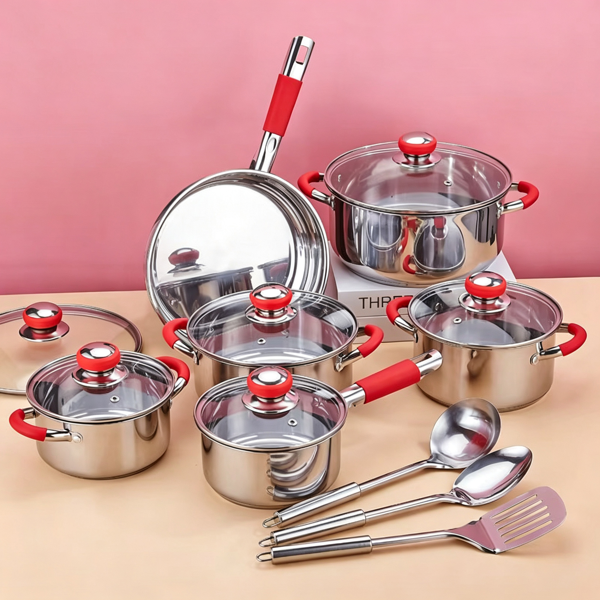 CGUCOOK Cross-border Best-selling 15-piece stainless steel cookware set, stainless steel pot gift, kitchen gas stove, red and blue silicone thickened multi-piece set Specification image