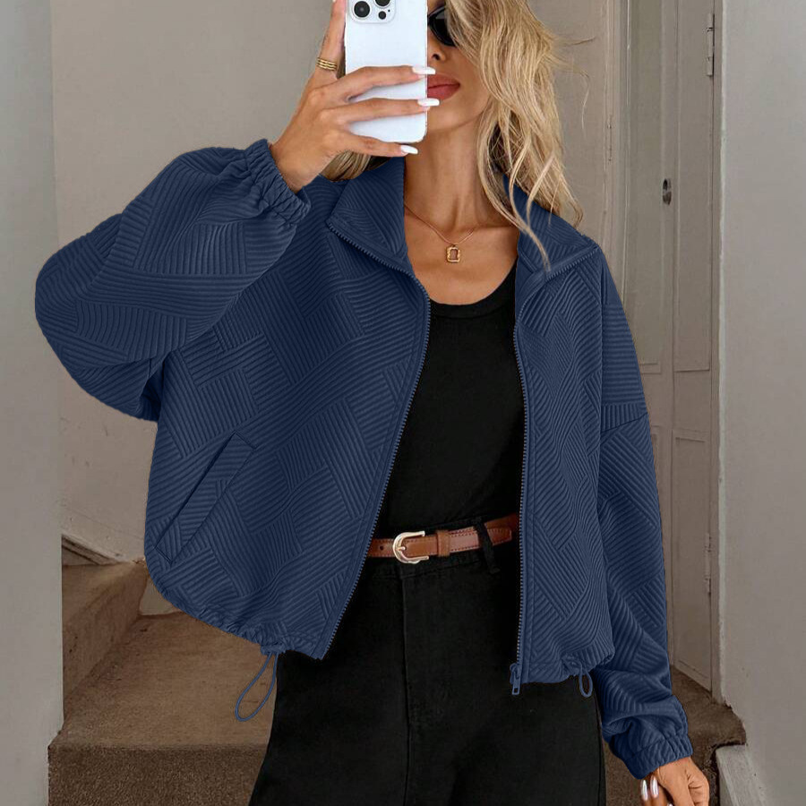 European and American cross-border Amazon 2025 autumn/winter high-neck zipper hem drawstring pocket women's loose baseball jacket