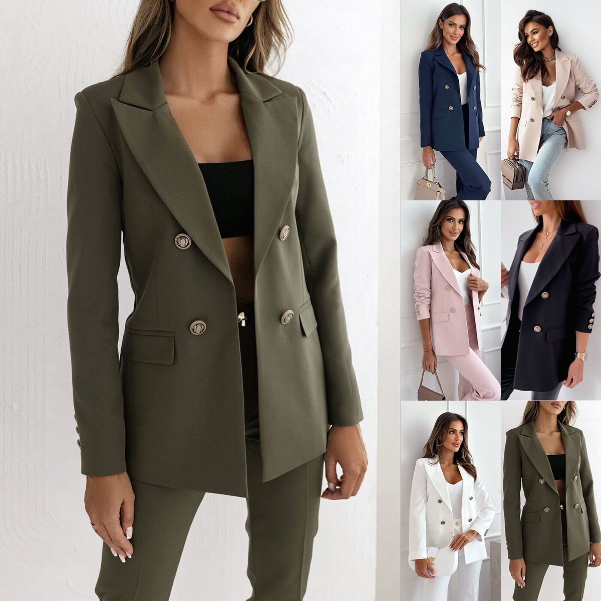 Cross-border foreign trade European and American women's clothing Amazon AliExpress 2024 Autumn/Winter double-breasted solid-color fashionable small suit jacket Application Scenario