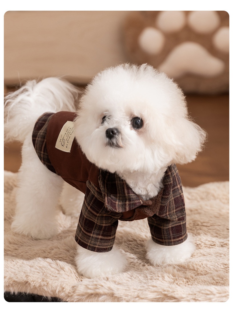 The retro brown checkered lapel and fleece pet dress coat can be pulled along with autumn and winter pet clothes Specification image