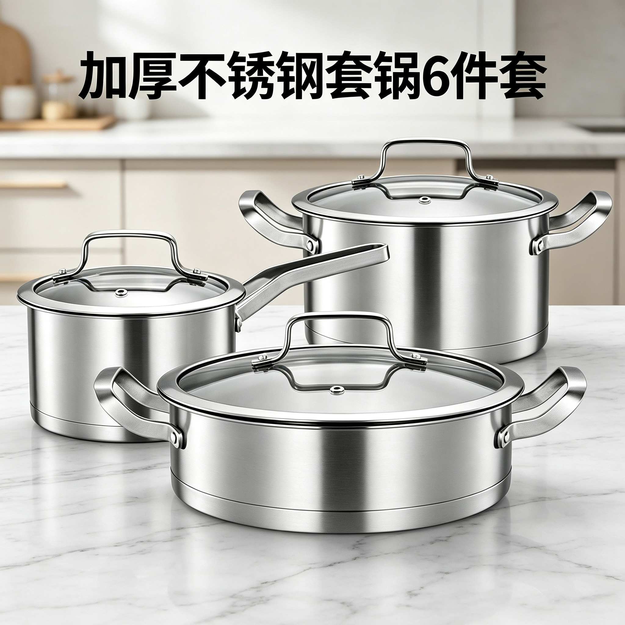 CUCOOK Cross-border Stainless Steel 6-piece Set of Cookware, milk pot, soup pot and frying pot, 4-piece set of soup pot and frying pot, thickened right-angle frying and stir-frying pot set details Picture