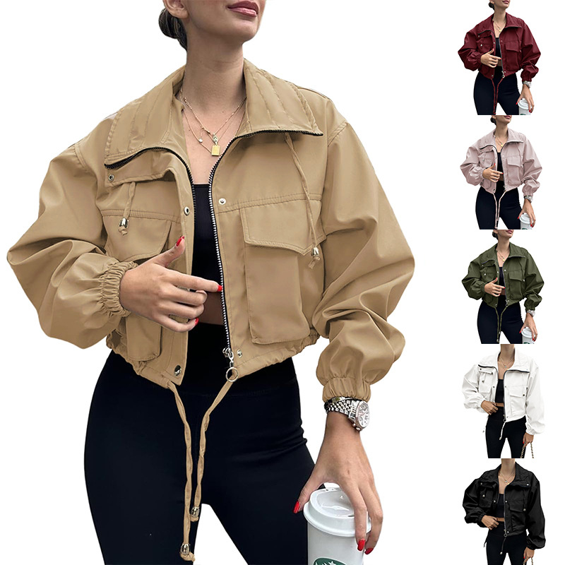 Amazon 2025 Cross-border European and American Autumn New Women's solid color short jacket with zipper windbreaker