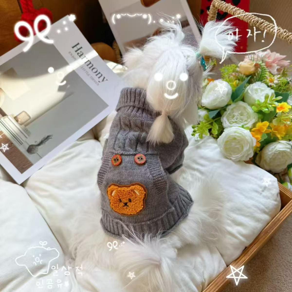 Grey twisted lapel teddy bear pocket pet sweater, autumn and winter small dog Teddy Bichon Frise dog knitted clothes details Picture