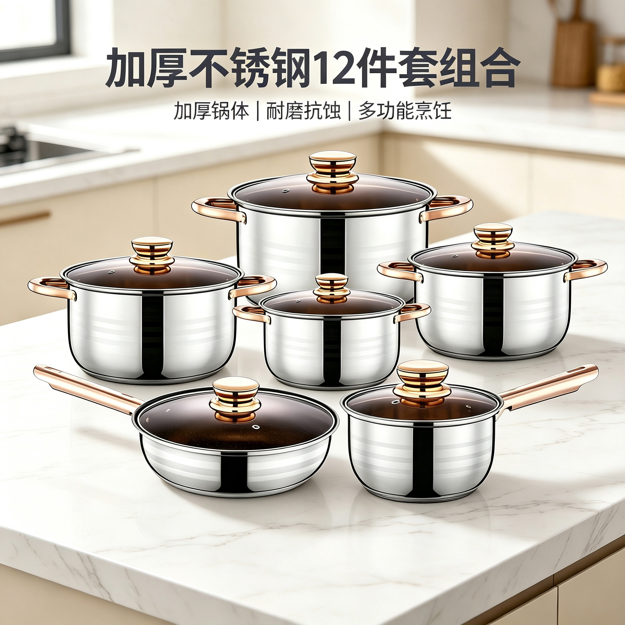 CGUCOOK Cross-border Thickened Stainless Steel Cookware 12-piece set, including pot, milk pot, frying pot, double-bottom soup pot and thickened cookware set combination