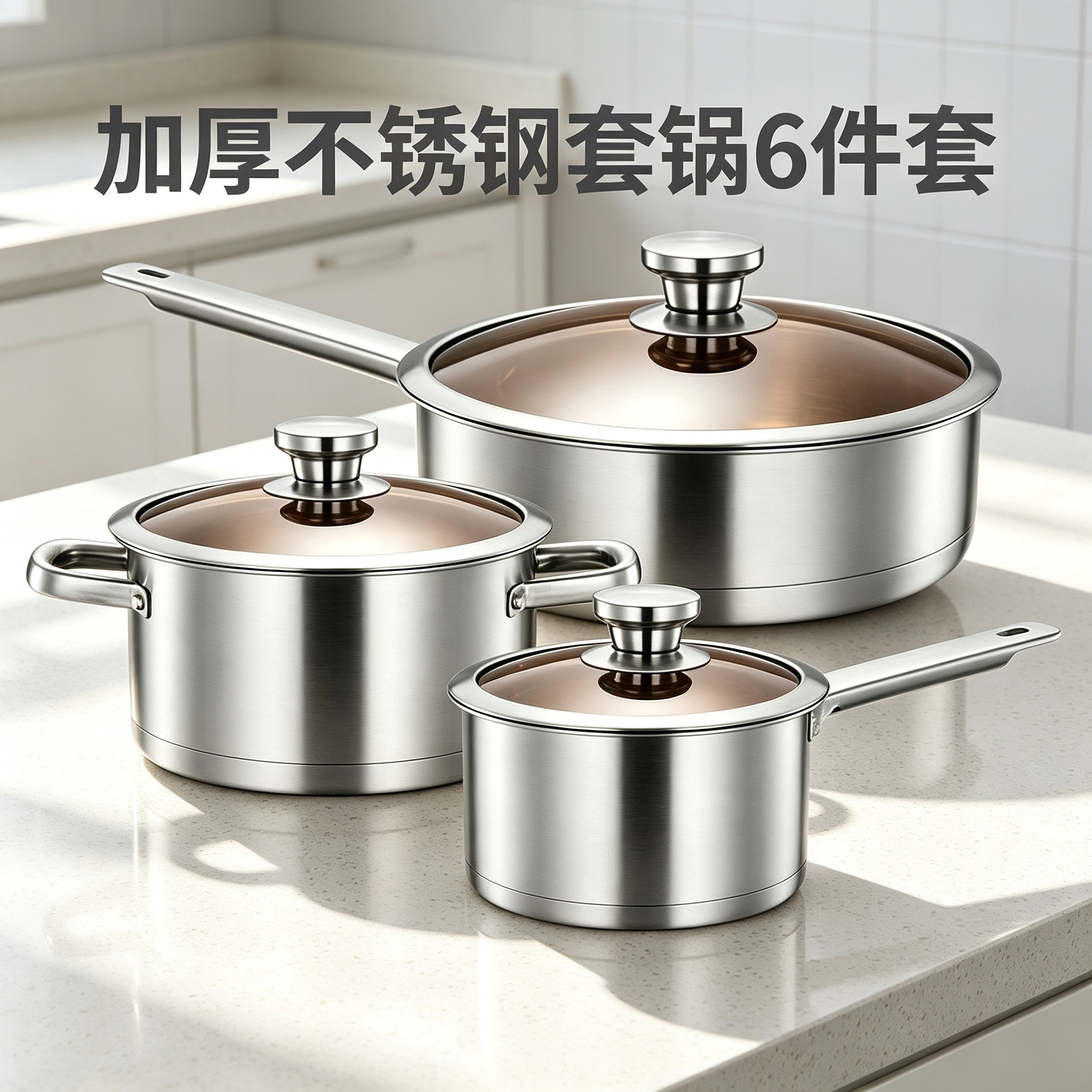 CUCOOK Cross-border Stainless Steel 6-piece Set of Cookware, milk pot, soup pot and frying pot, 4-piece set of soup pot and frying pot, thickened right-angle frying and stir-frying pot set