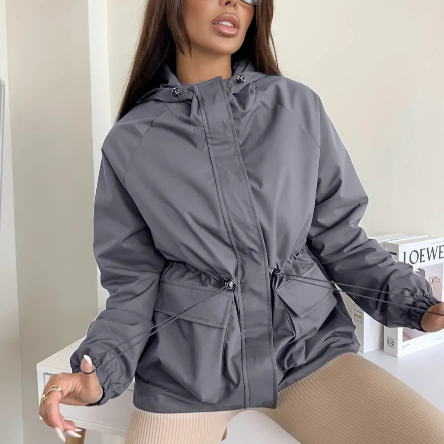 European and American cross-border casual and fashionable women's windbreaker, long-sleeved hooded drawstring waterproof jacket, loose outdoor mountaineering suit undefined