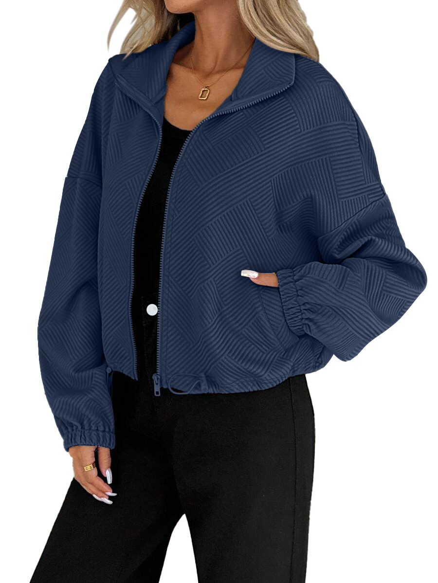 European and American cross-border Amazon 2025 autumn/winter high-neck zipper hem drawstring pocket women's loose baseball jacket Item Picture