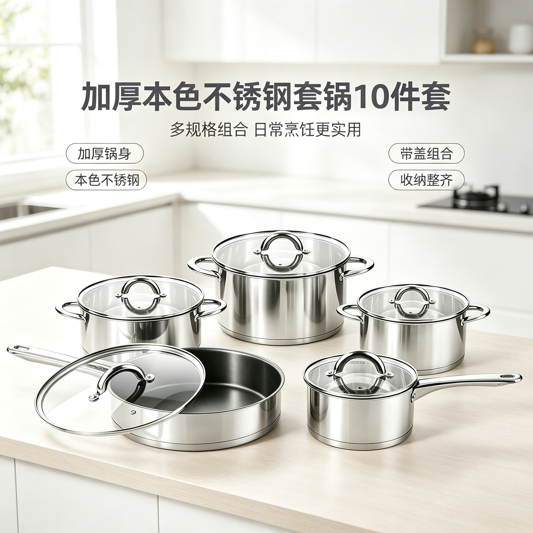CGUCOOK加厚本色不锈钢套锅10件套复底汤锅奶锅煎锅通用不锈钢锅具礼品锅具套装详情1