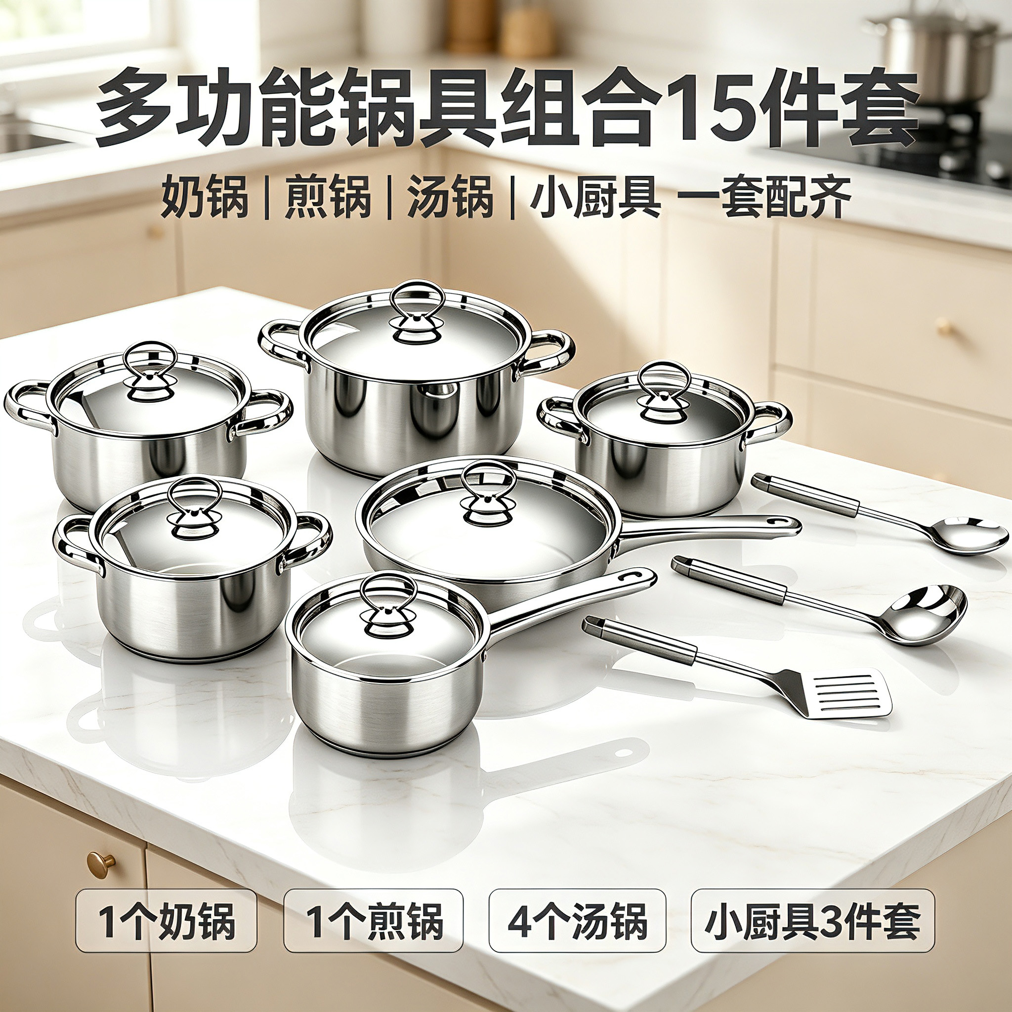 CGUCOOK经典15件套不锈钢锅具套装跨境炊具锅外贸热销锅具套装礼品厨房加厚锅具多件套详情1