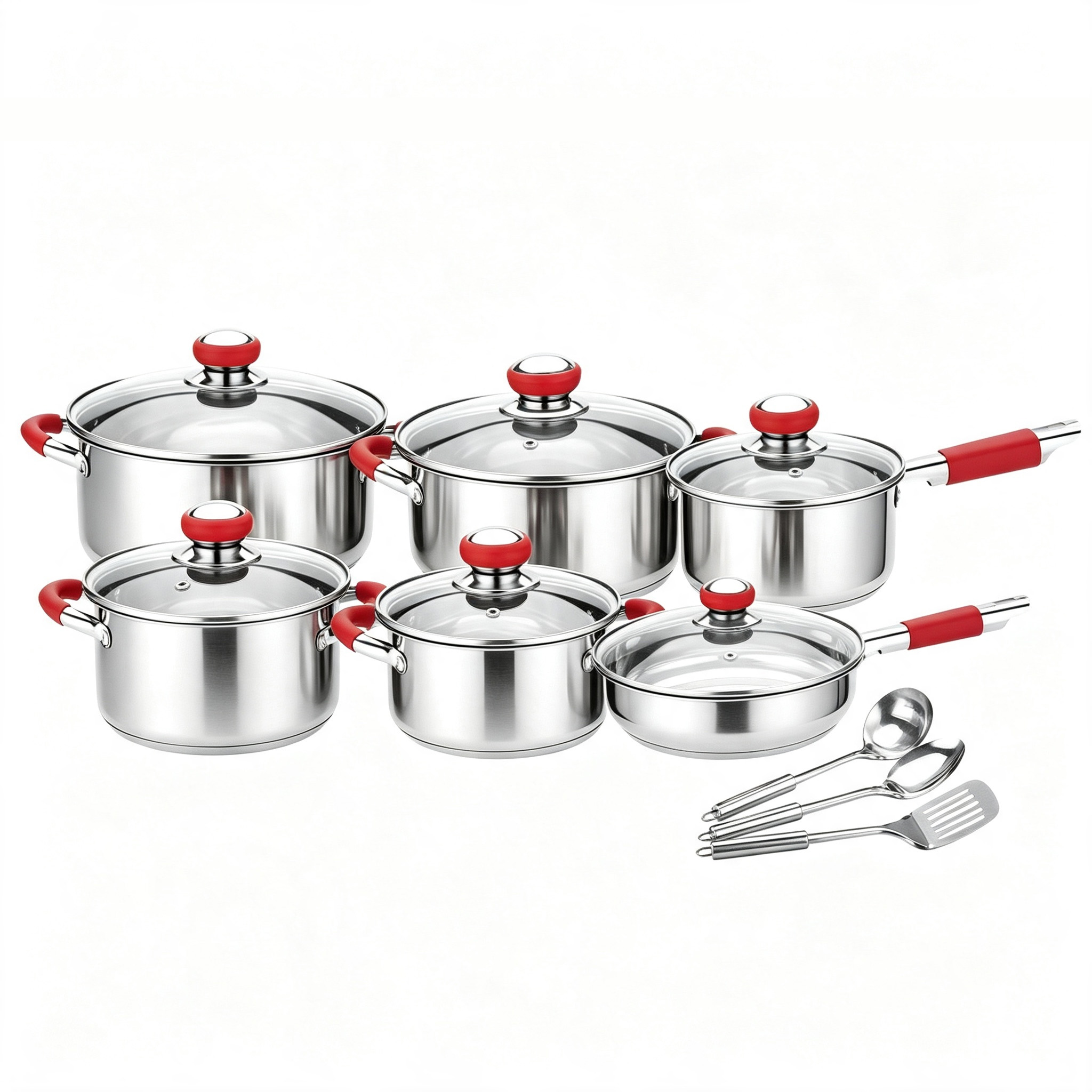 CGUCOOK Cross-border Best-selling 15-piece stainless steel cookware set, stainless steel pot gift, kitchen gas stove, red and blue silicone thickened multi-piece set Application Scenario
