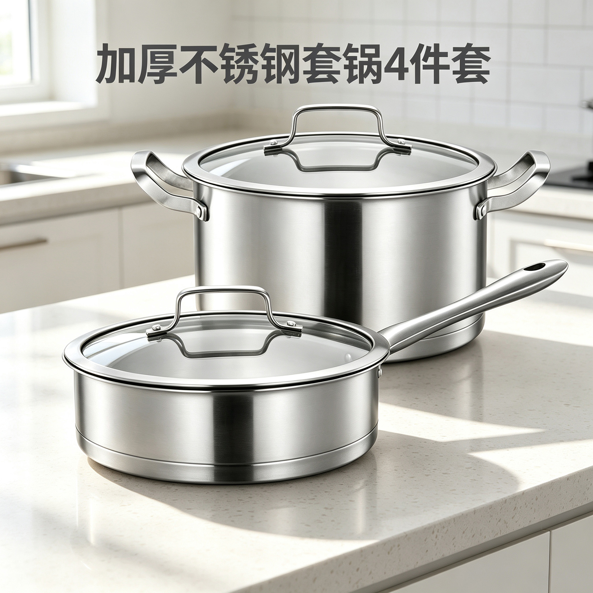 CUCOOK Cross-border Stainless Steel 6-piece Set of Cookware, milk pot, soup pot and frying pot, 4-piece set of soup pot and frying pot, thickened right-angle frying and stir-frying pot set Specification image