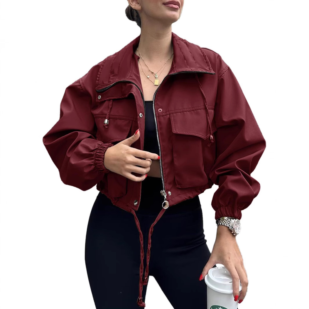 Amazon 2025 Cross-border European and American Autumn New Women's solid color short jacket with zipper windbreaker Application Scenario