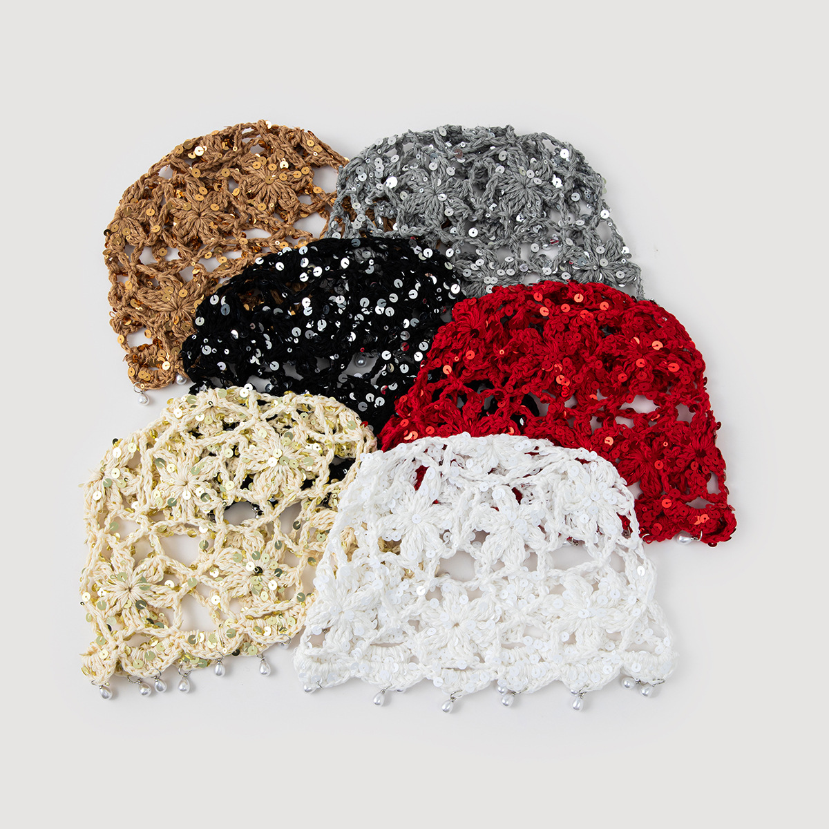 Retro ethnic style crocheted headscarf hat, breathable cut-out pearl pendant lace headscarf hat, sequined flower women's knitted hat