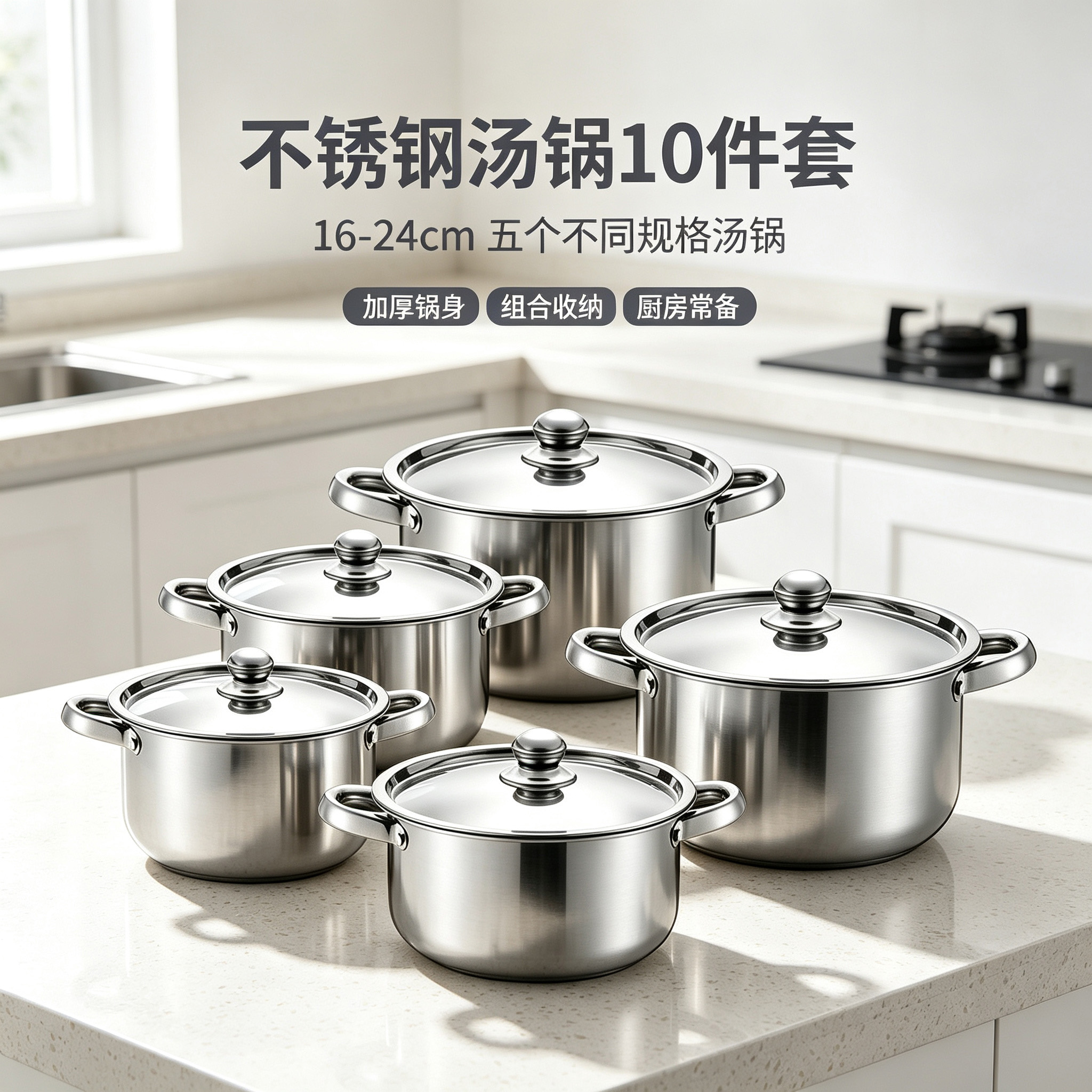 CGUCOOK加厚不锈钢汤锅10件套不锈钢盖锅具套装跨境实用套装电磁炉锅具汤锅详情1