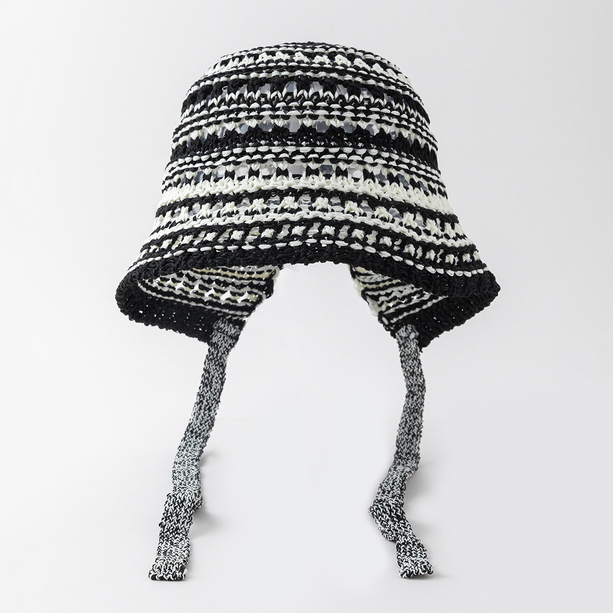 Retro color-blocked striped hollowed-out knitted pile hat, girl-style lace-up over-ear sun hat, versatile hat for outings and photos details Picture