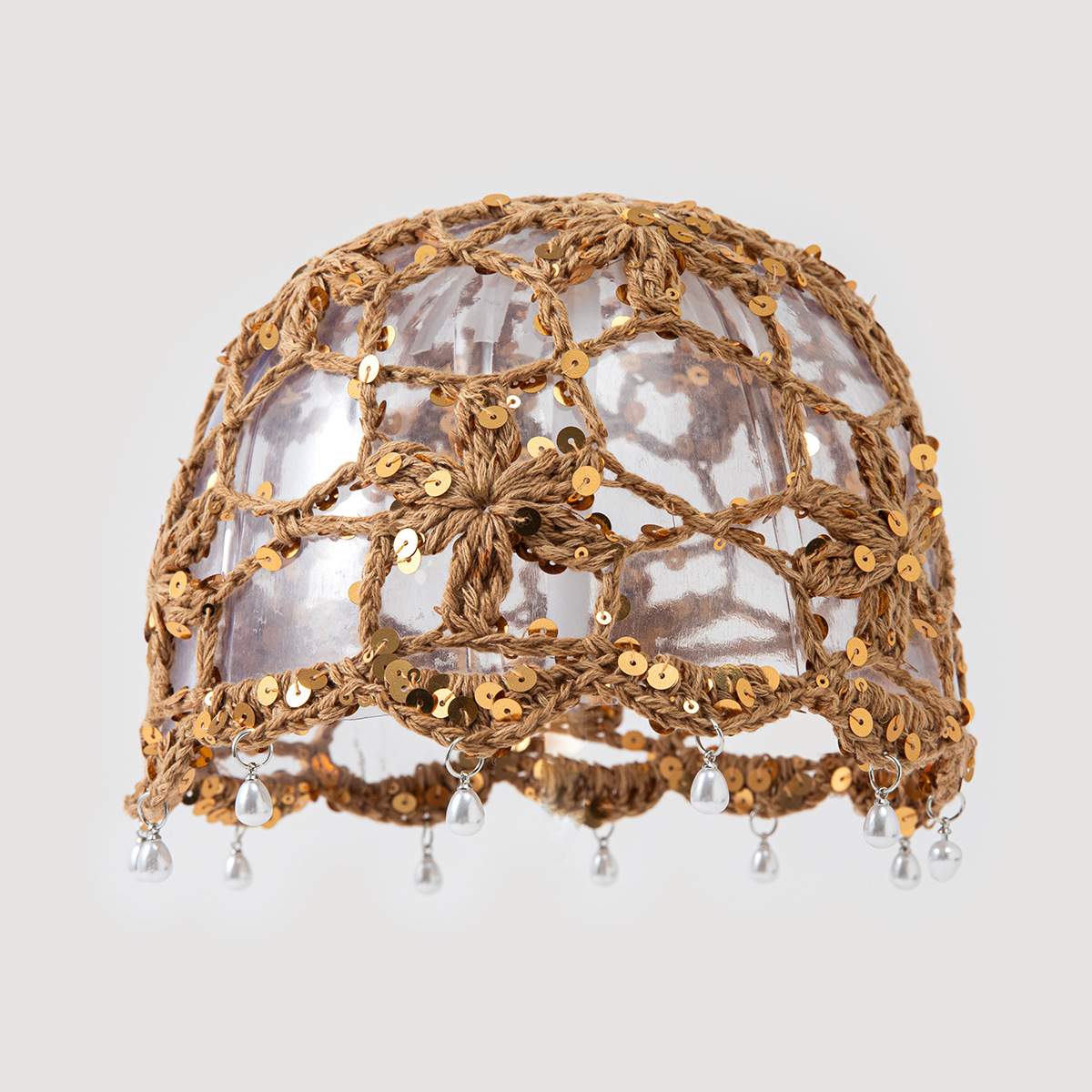 Retro ethnic style crocheted headscarf hat, breathable cut-out pearl pendant lace headscarf hat, sequined flower women's knitted hat details Picture