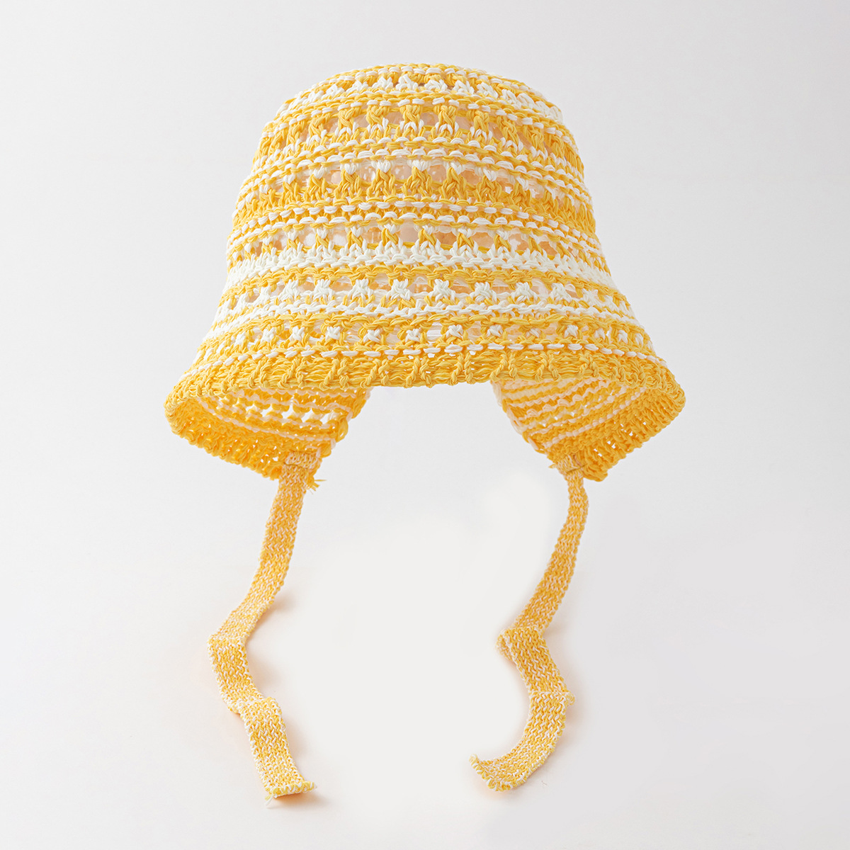 Retro color-blocked striped hollowed-out knitted pile hat, girl-style lace-up over-ear sun hat, versatile hat for outings and photos Item Picture