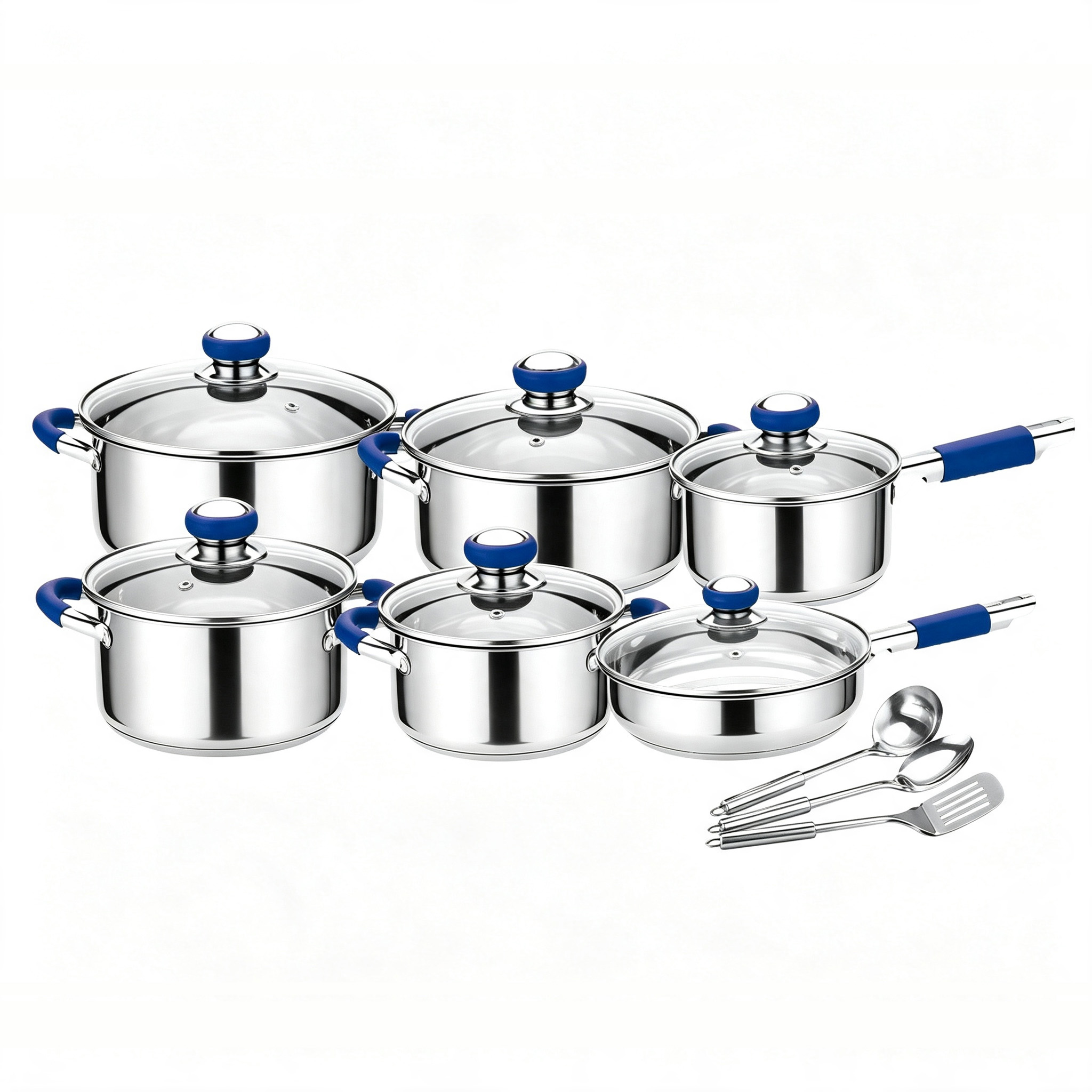 CGUCOOK Cross-border Best-selling 15-piece stainless steel cookware set, stainless steel pot gift, kitchen gas stove, red and blue silicone thickened multi-piece set Item Picture
