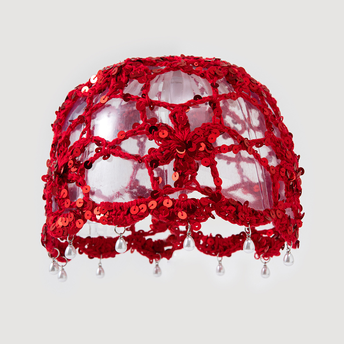 Retro ethnic style crocheted headscarf hat, breathable cut-out pearl pendant lace headscarf hat, sequined flower women's knitted hat Item Picture