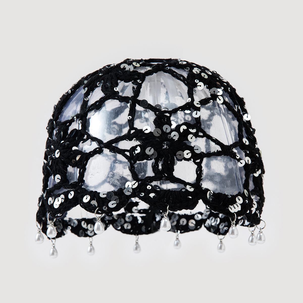 Retro ethnic style crocheted headscarf hat, breathable cut-out pearl pendant lace headscarf hat, sequined flower women's knitted hat Specification image