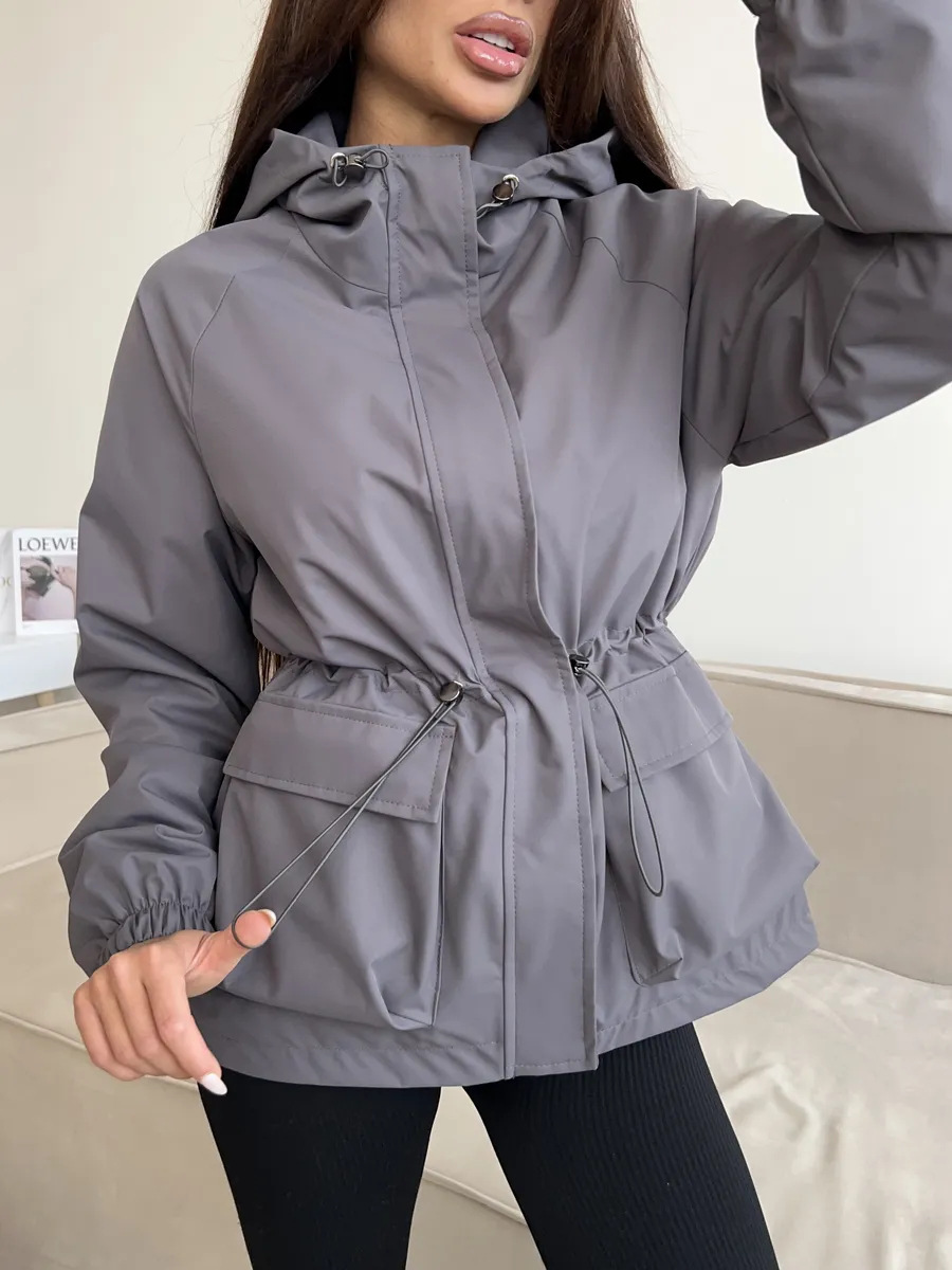 European and American cross-border casual and fashionable women's windbreaker, long-sleeved hooded drawstring waterproof jacket, loose outdoor mountaineering suit Item Picture
