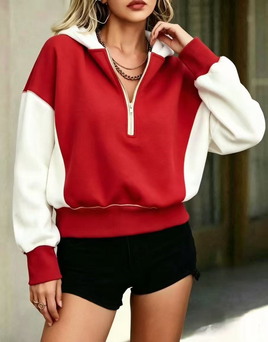 2026 color-blocking half-zipper hooded sweatshirt for women, loose off-the-shoulder, color-blocking casual short hoodie with long sleeves undefined
