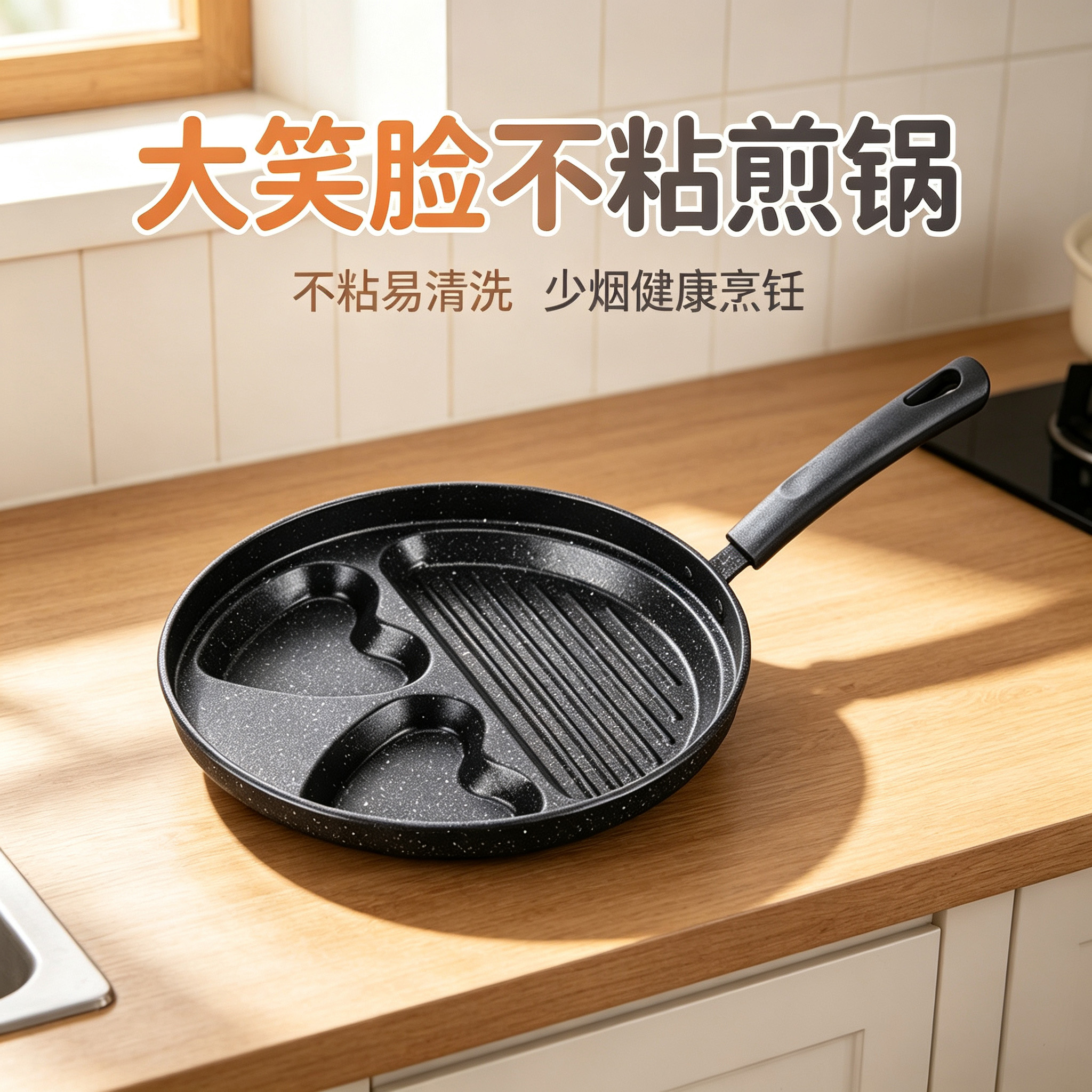 CGUCOOK Cross-border Big Smile Non-stick Frying Pan, Egg Frying Pan, Three-hole Double Heart Breakfast Egg Burger Pan, Non-stick Pan, Sausage and Steak Frying pan