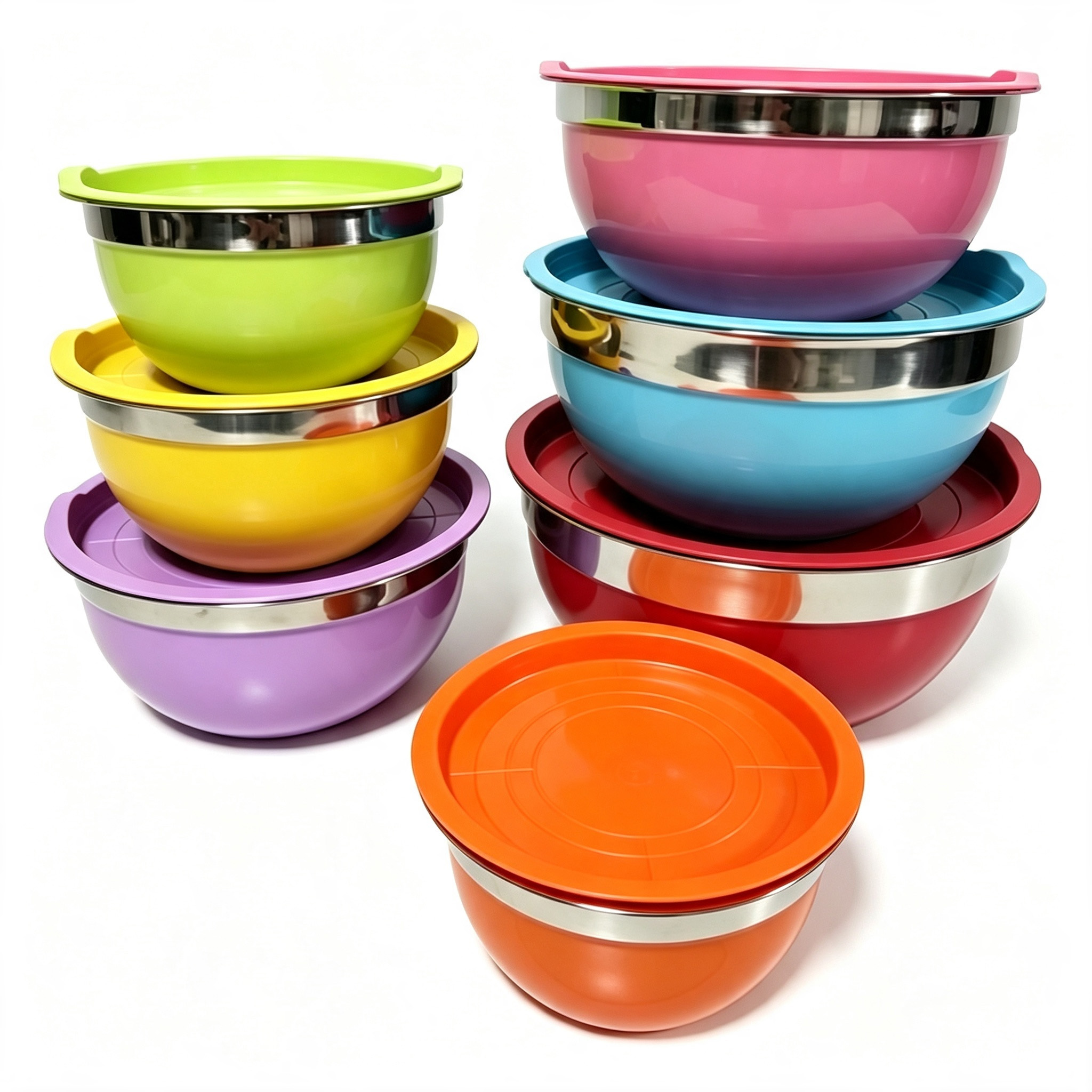 CGUCOOK thickened stainless steel salad bowl, colorful salad bowl set, egg beater bowl with lid, kitchen baking and cooking bowl, multi-functional fruit bowl Item Picture