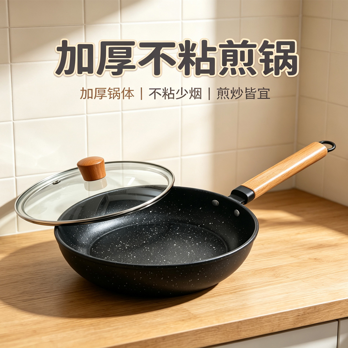 CGUCOOK thickened non-stick frying pan, wooden-handled black flat pan, induction cooker, all-in-one frying and stir-frying pan, egg frying, steak frying, sausage frying, rice stone frying pan