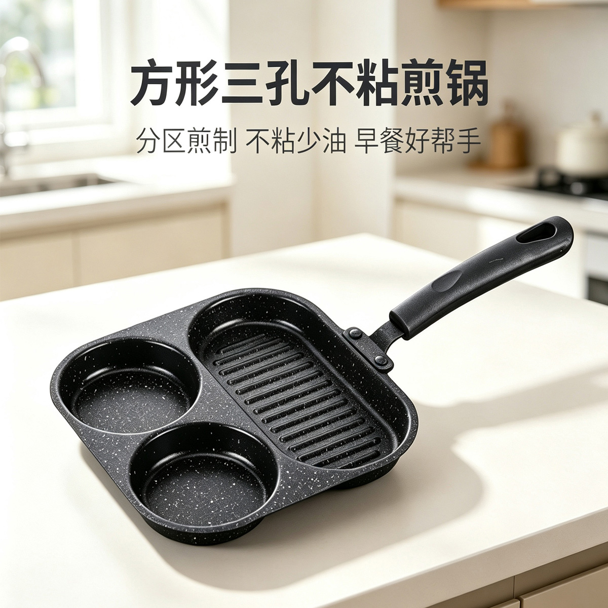 CGUCOOK跨境方形三孔不粘煎锅煎蛋锅早餐鸡蛋汉堡锅不沾锅煎香肠牛排平底煎锅详情1