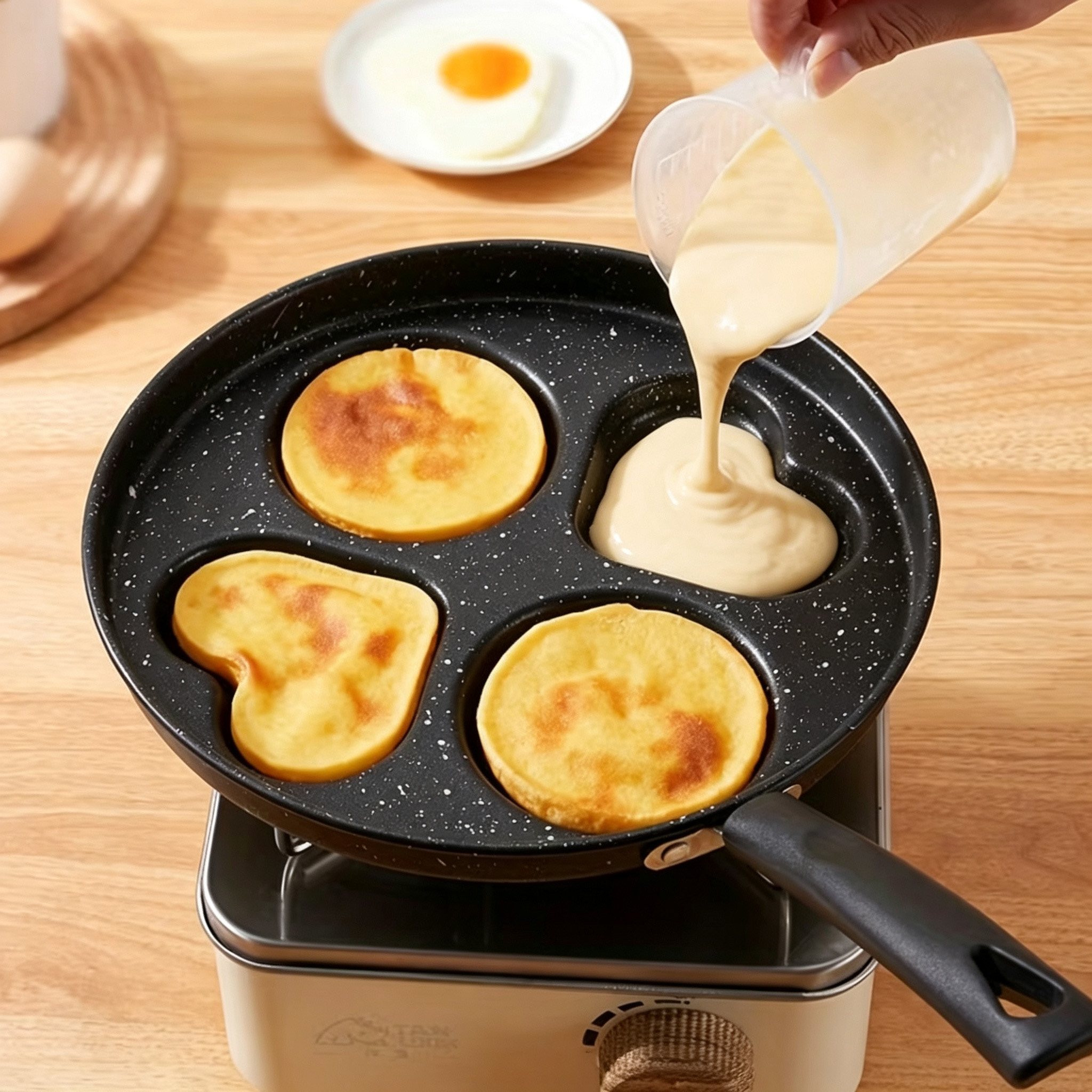 CGUCOOK Cross-border Four-hole Non-stick Frying pan, egg frying pan, Double Round double heart breakfast egg Burger pan, non-stick pan, new household egg frying pan, flat pan Specification image