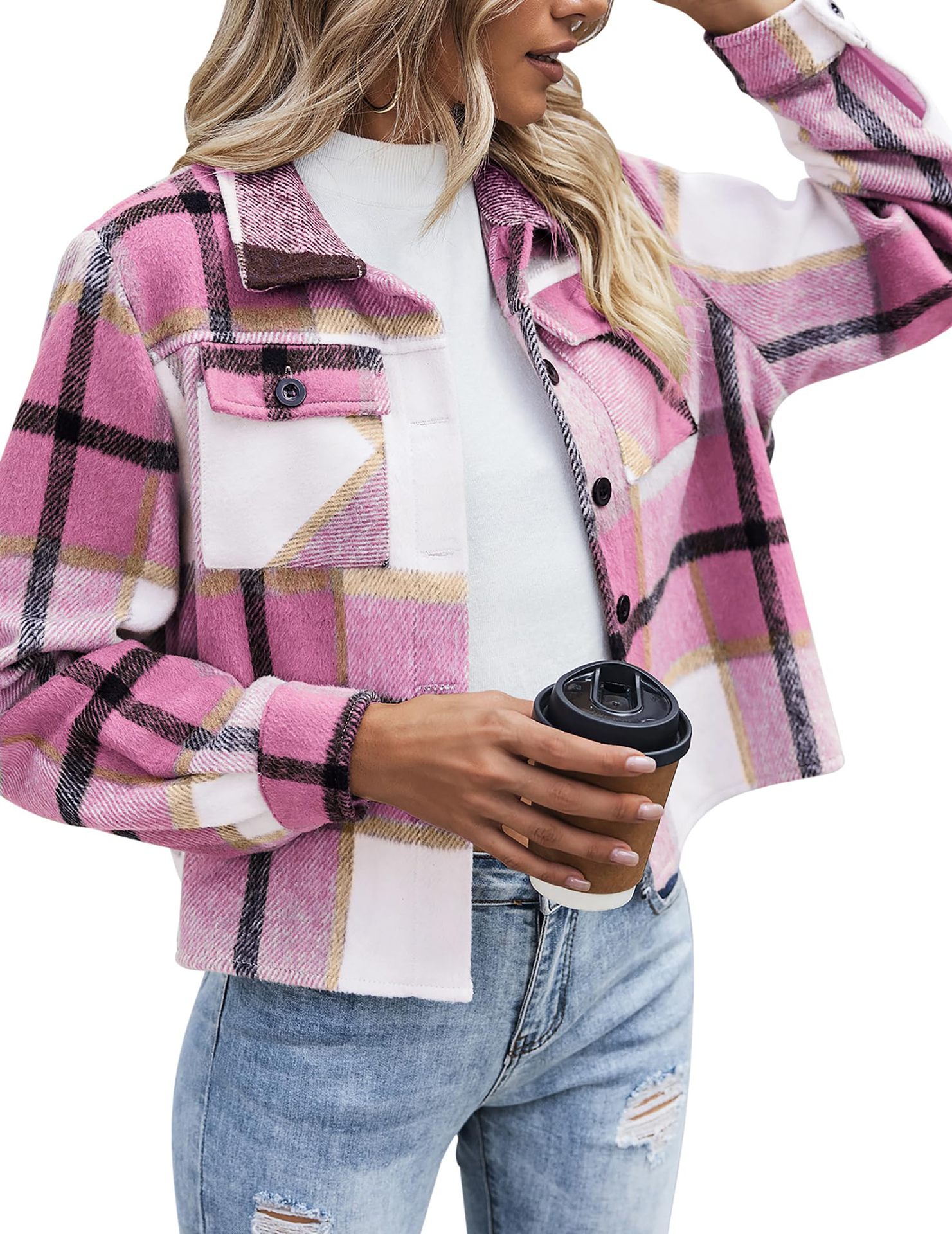 For the 2024 cross-border Amazon autumn collection, women's flannel short jackets and checked button shirts are available Item Picture