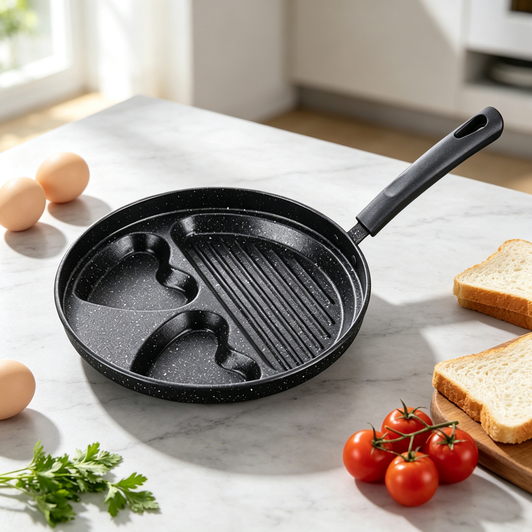 CGUCOOK Cross-border Big Smile Non-stick Frying Pan, Egg Frying Pan, Three-hole Double Heart Breakfast Egg Burger Pan, Non-stick Pan, Sausage and Steak Frying pan Specification image