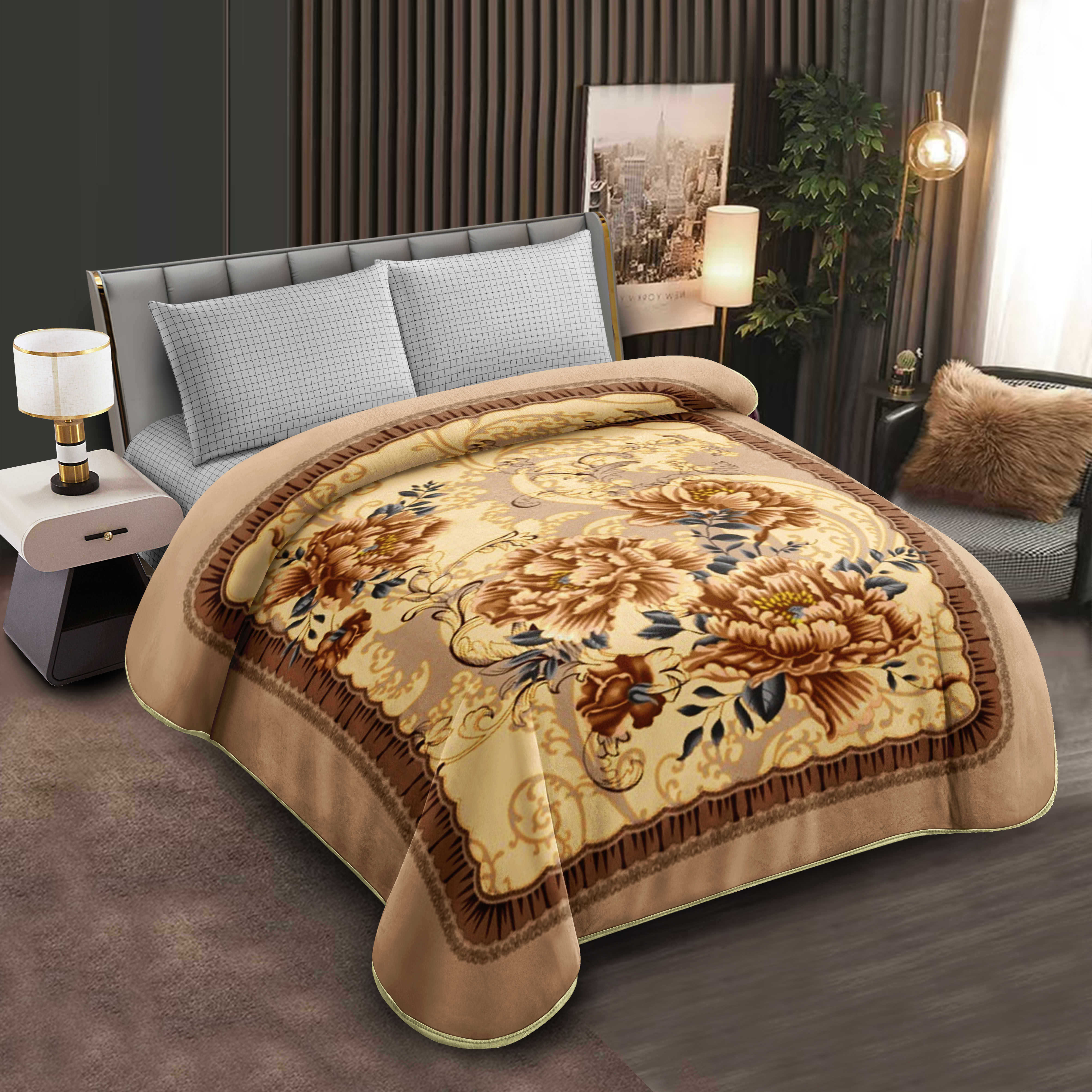 Middle East blanket export, foreign trade floral pattern Raschel blanket, cloud blanket, composite blanket wholesale, customization, large double size beige floral pattern soft blanket, warm cover blanket, home bed blanket, thick style for winter warmth Specification image