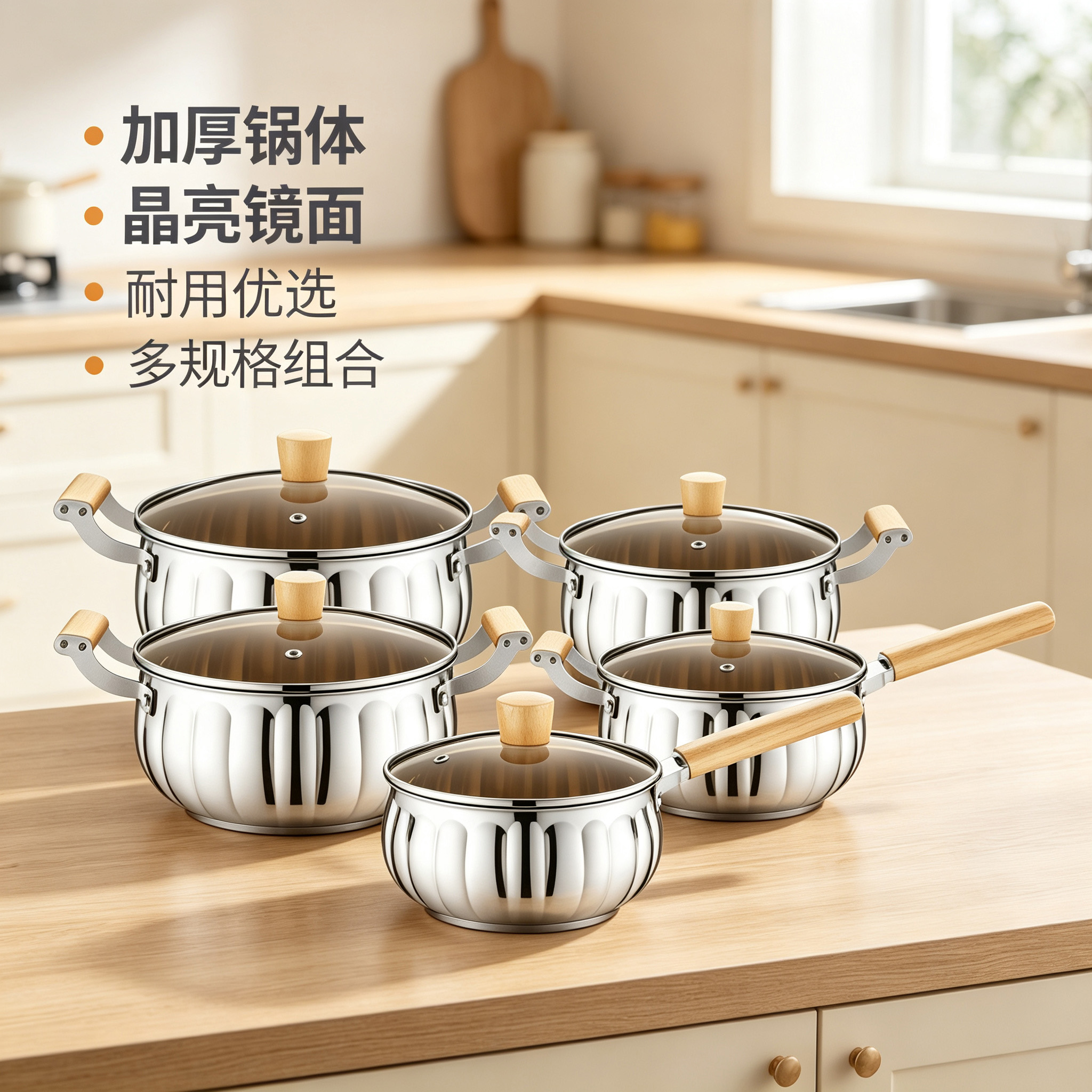 CGUCOOK cross border engrosado acero inoxidable calabaza pot set 10 piezas multi-combinación olla de crema olla de sopa conjunto de olla de cocina tipo calabaza antiplanchado mango de madera set de acero inoxidable pot 18-26cm details Picture