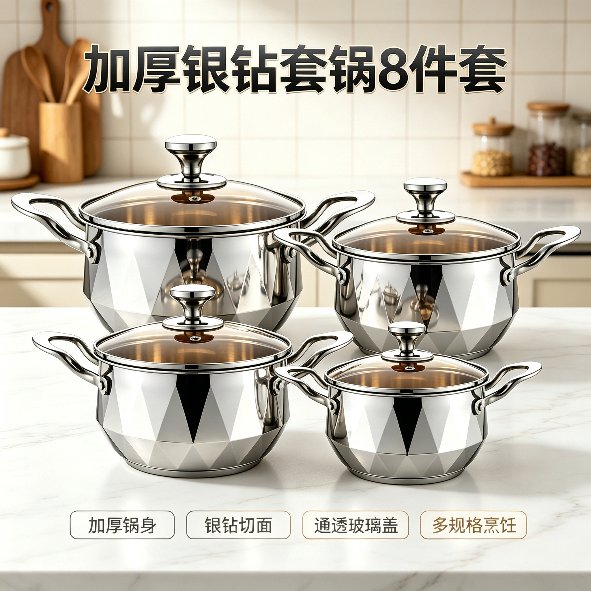 CGUCOOK thickened stainless steel silver diamond cookware 8-piece set, double-bottom steel handle soup pot, high-end household pot set combination, multi-specification soup pot 20-26cm set