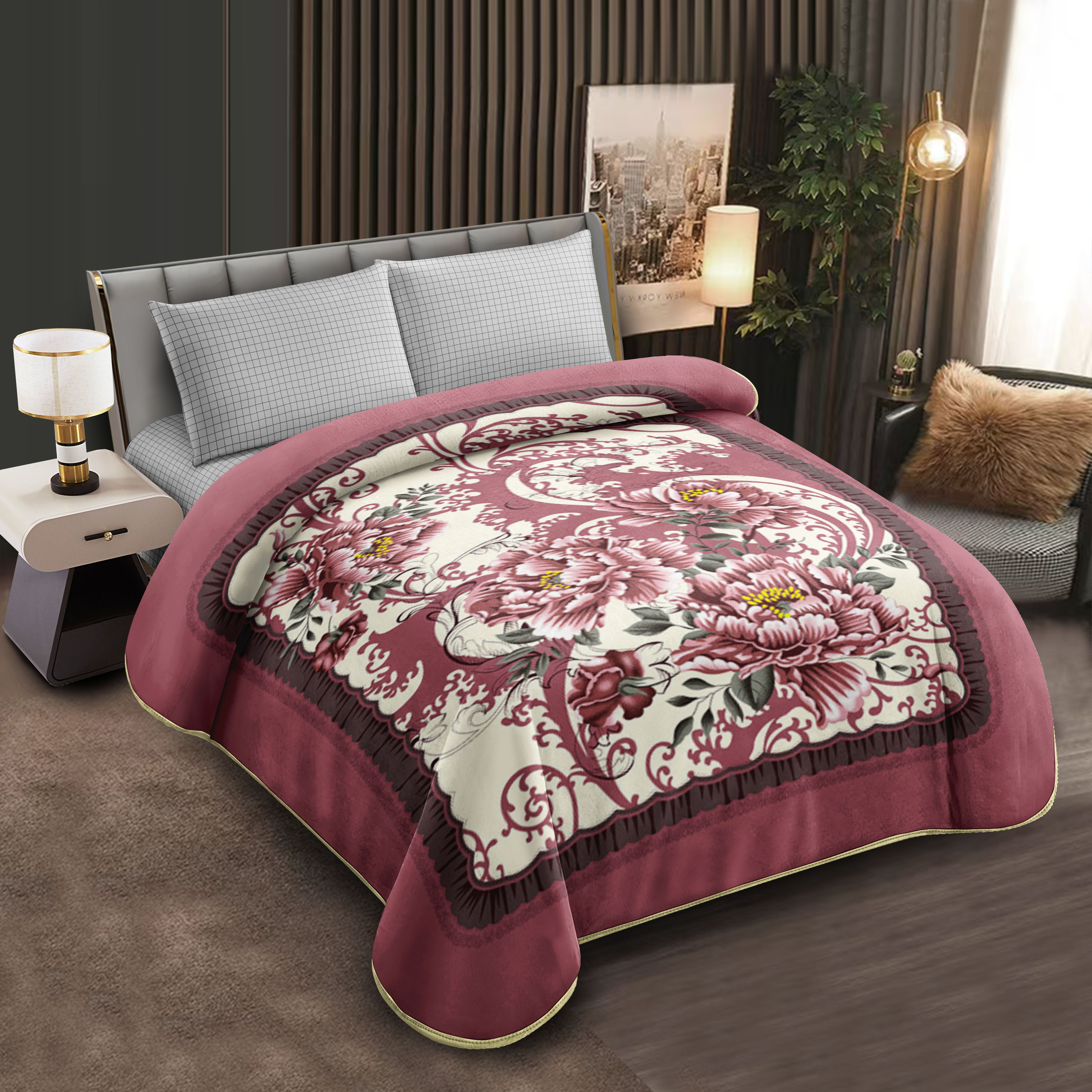Middle East blanket export, foreign trade floral pattern Raschel blanket, cloud blanket, composite blanket wholesale, customization, large double size beige floral pattern soft blanket, warm cover blanket, home bed blanket, thick style for winter warmth Application Scenario