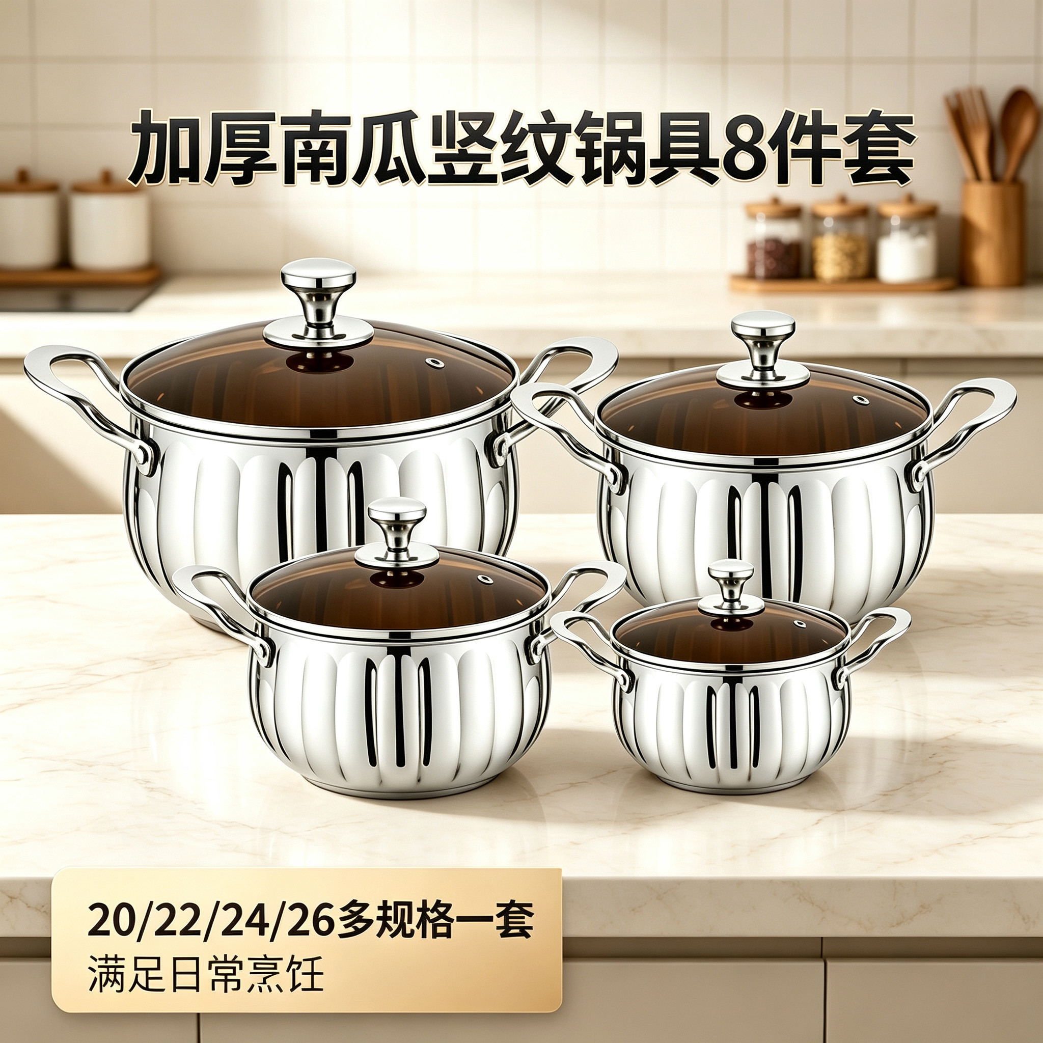 CGUCOOK跨境加厚不锈钢南瓜套锅8件套烹饪锅具套装南瓜型不锈钢汤锅20-26cm组合汤锅详情1