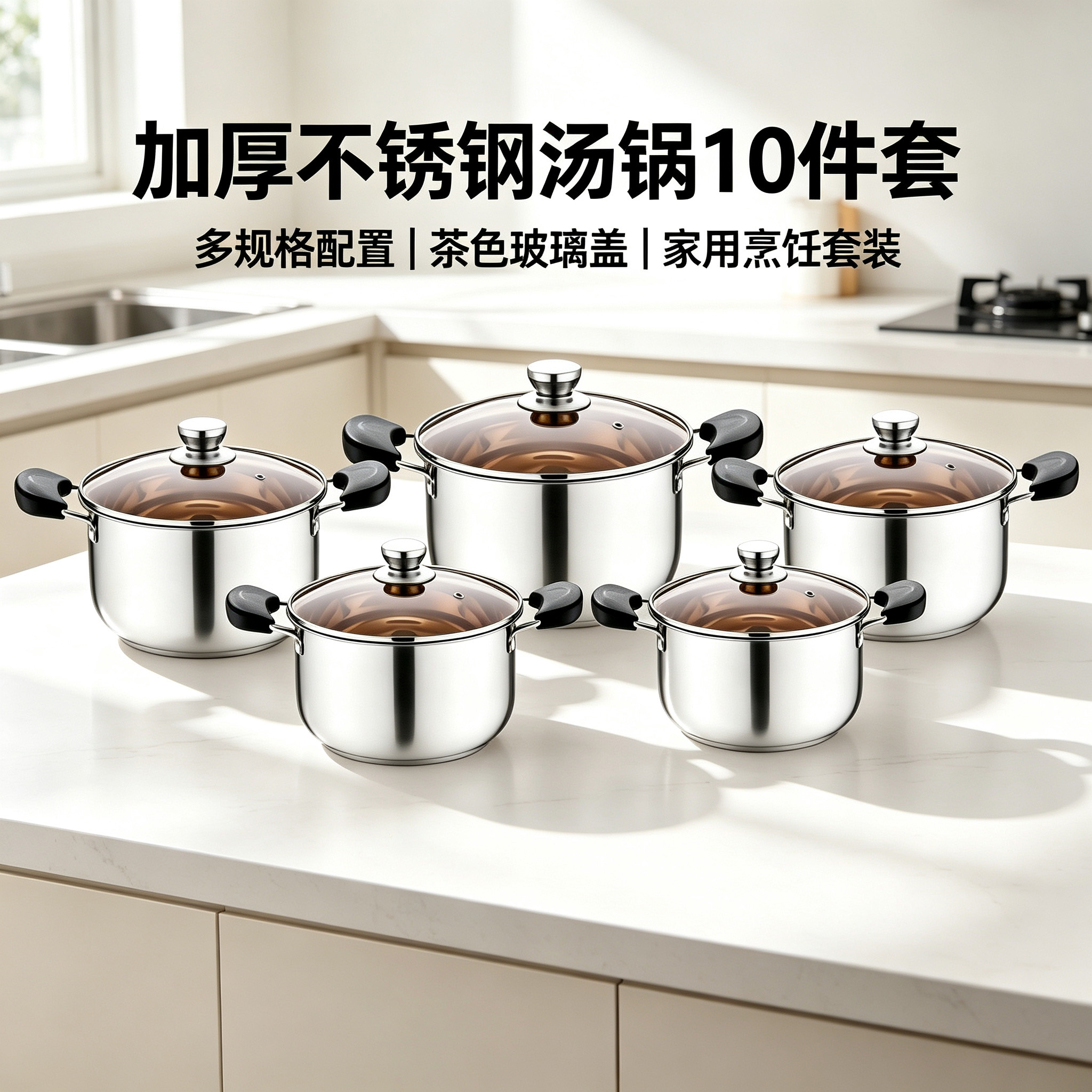 CGUCOOK跨境复合钢不锈钢汤锅10件套锅具本色电木柄多规格加厚组合汤锅16-24cm家用锅套装详情1