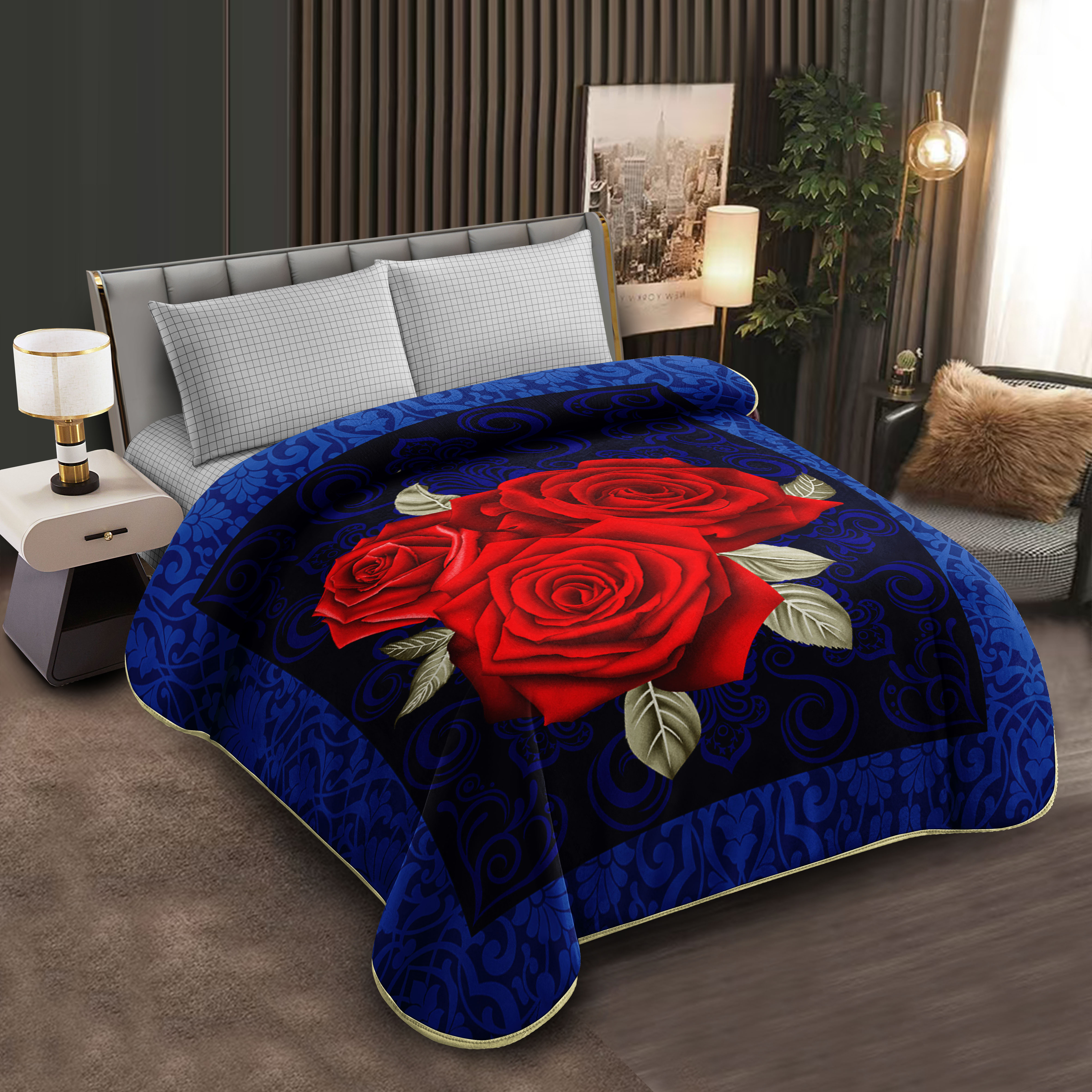 Middle East blanket export, foreign trade, floral pattern Raschel blanket, cloud blanket, composite blanket wholesale, customization, large double size, fashionable black rose pattern blanket, soft and warm, home bed blanket, cover blanket, winter essential Specification image