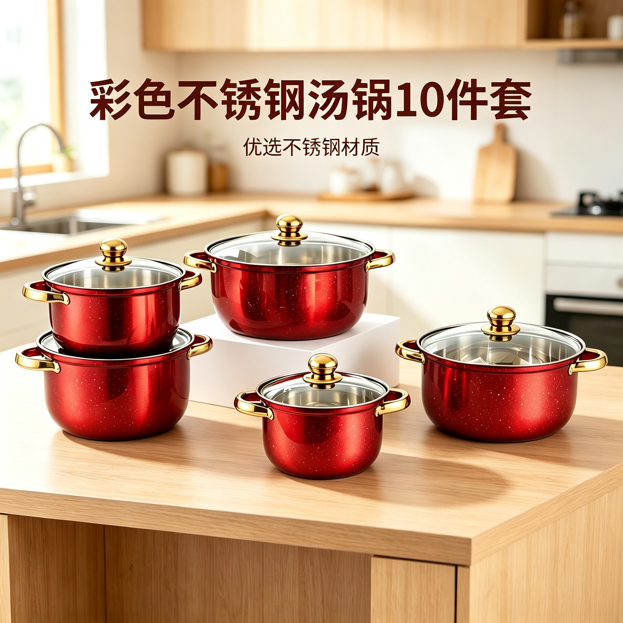 CGUCOOK彩色不锈钢锅具10件套装金色双耳不锈钢汤锅厨房电磁炉通用套锅多颜色可选18-26cm详情1